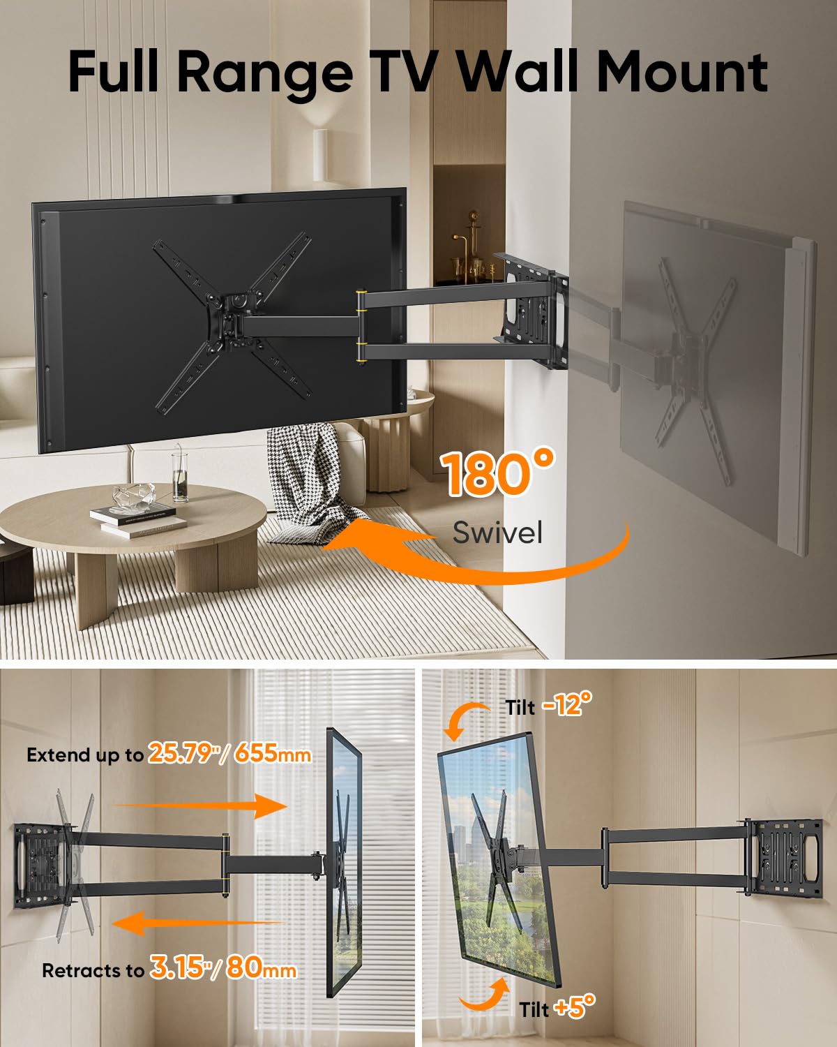 Uchwyt ścienny do telewizora z długim rękawem do płaskich i zakrzywionych telewizorów o przekątnej 14-49", obrót o 180°, uchwyt do telewizora, obracany o 180°, pełny ruch, uchwyt narożny z