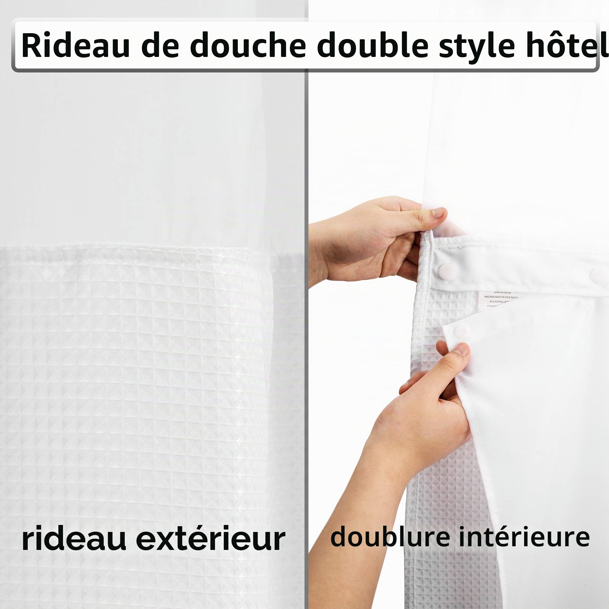 ALYVIA SPRING Rideau de Douche à Tissage gaufré avec Doublure en Tissu à Clipser et Crochets : Style hôtel et fenêtre Transparente, Double Couche et Lavable en Machine pour Un Nettoyage Facile, 180 x