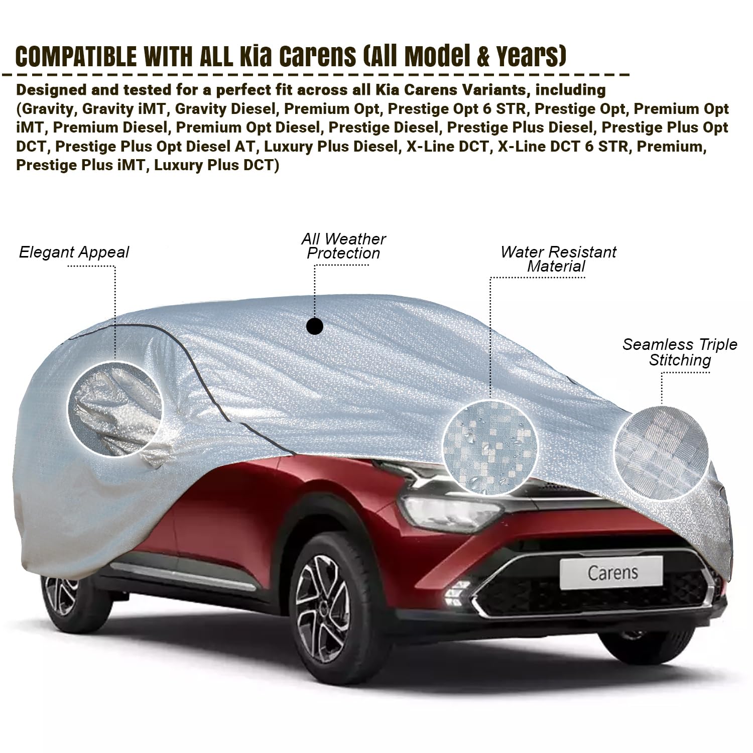 Pivalo Car Cover for Kia Carens All Model & Years (2022-2025) 100% Waterproof with Mirror Pockets, Triple Stitched Bottom Elastic Dustproof Full Body Protection (Heat & UV Resistant, Silver) - Image 2 thumbnail
