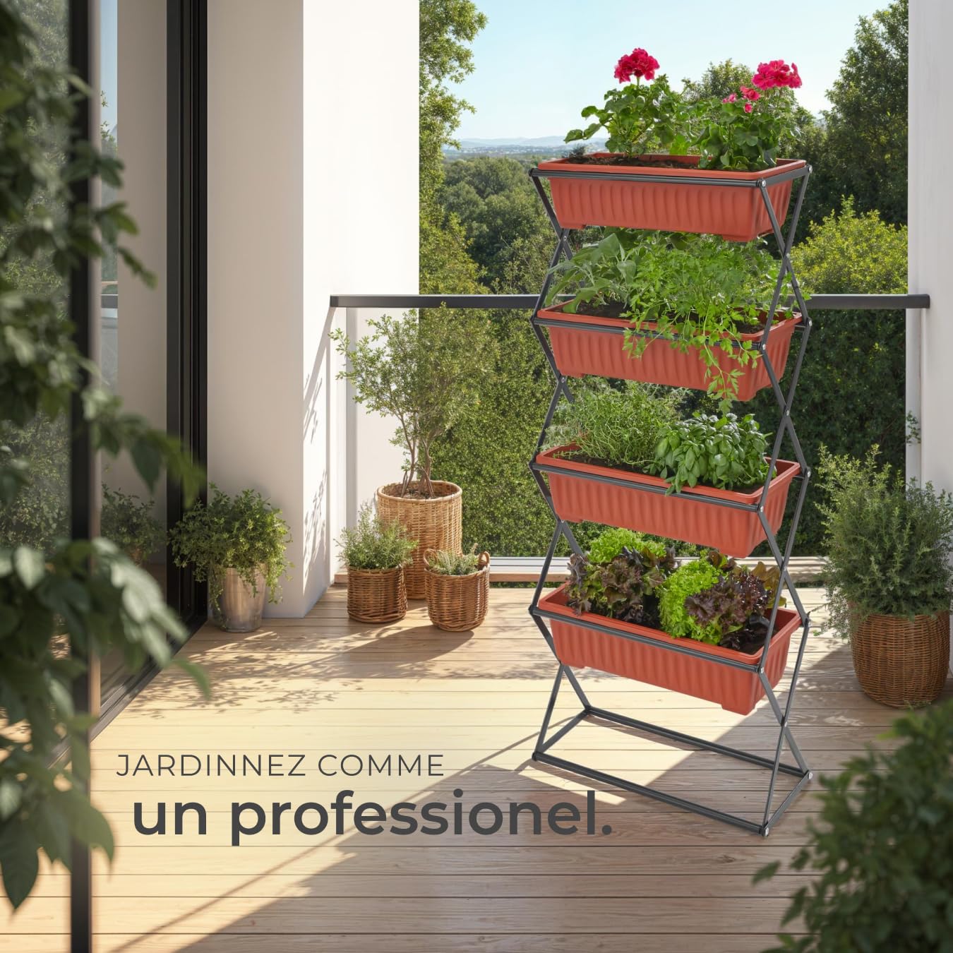 tectake® Potager de Jardin surélevé Jardinière Verticale avec 4 Bacs à Fleurs Culture en Hauteur Châssis Robuste Pliable Intérieur Extérieur Bac à semis 52x21x127 cm Jardin Terrasse Balcon