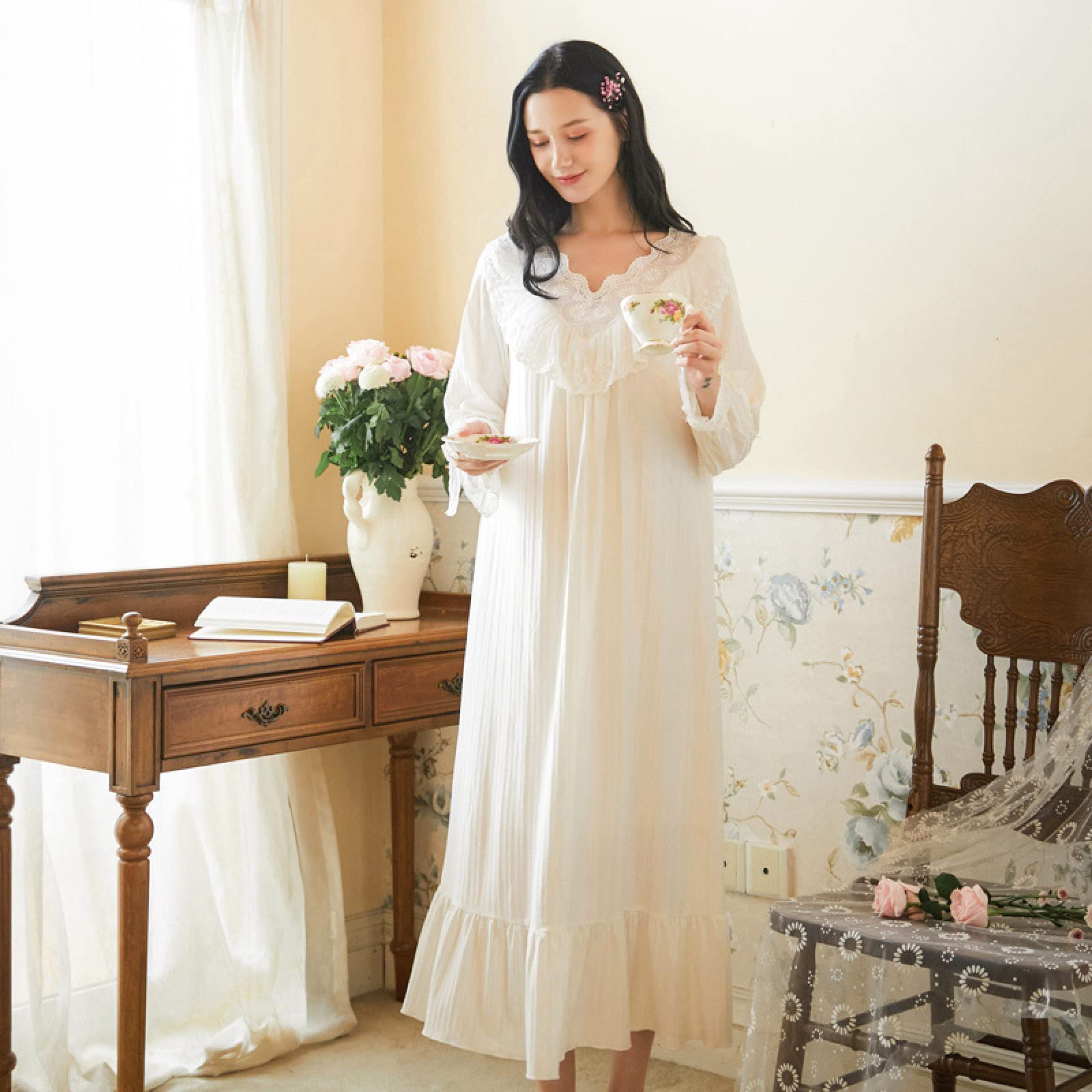 OFFSUM Camicia da Notte Donna - Primavera Elegante Camicia da Notte con Scollo A V Retro Dolce Principessa Camicia da Notte Casual Plus Size Pizzo Pigiameria in Cotone Lingerie Vestito