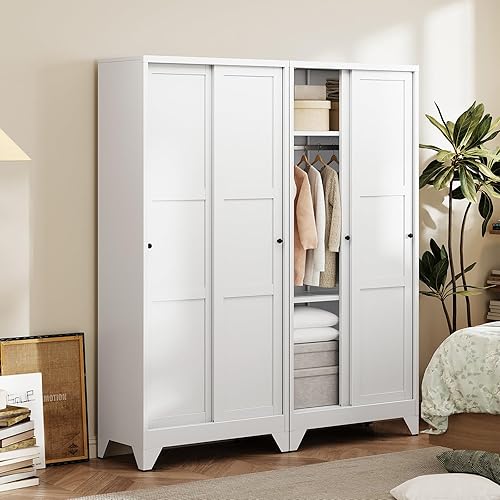 Letaya Metal Wardrobe Cabinets,68" Tall Armoire Wardrobe Closet with Sliding Barn Doors and Shelves,Large Coat Closet Cabinet with Hanging Rod,Clothing Storage Cabinets for Home Room,White (White)