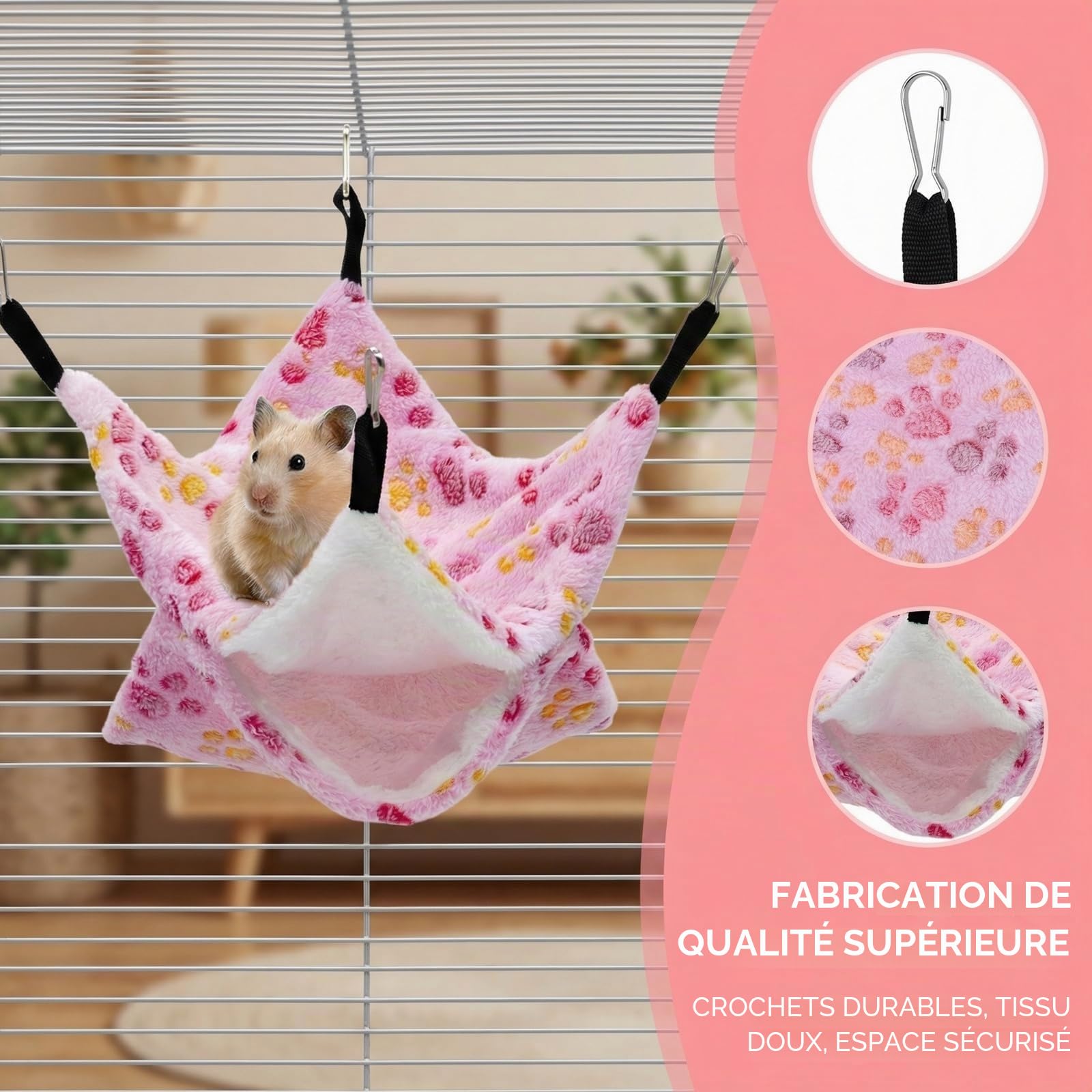 Amexo 4 Pcs Hamac Double Couche pour Petits Animaux de Compagnie - Suspendus pour Furet, Hamster, Rat, Écureuil, Chinchilla, Cochon d'Inde (30 x 30 cm, Empreinte de Patte)