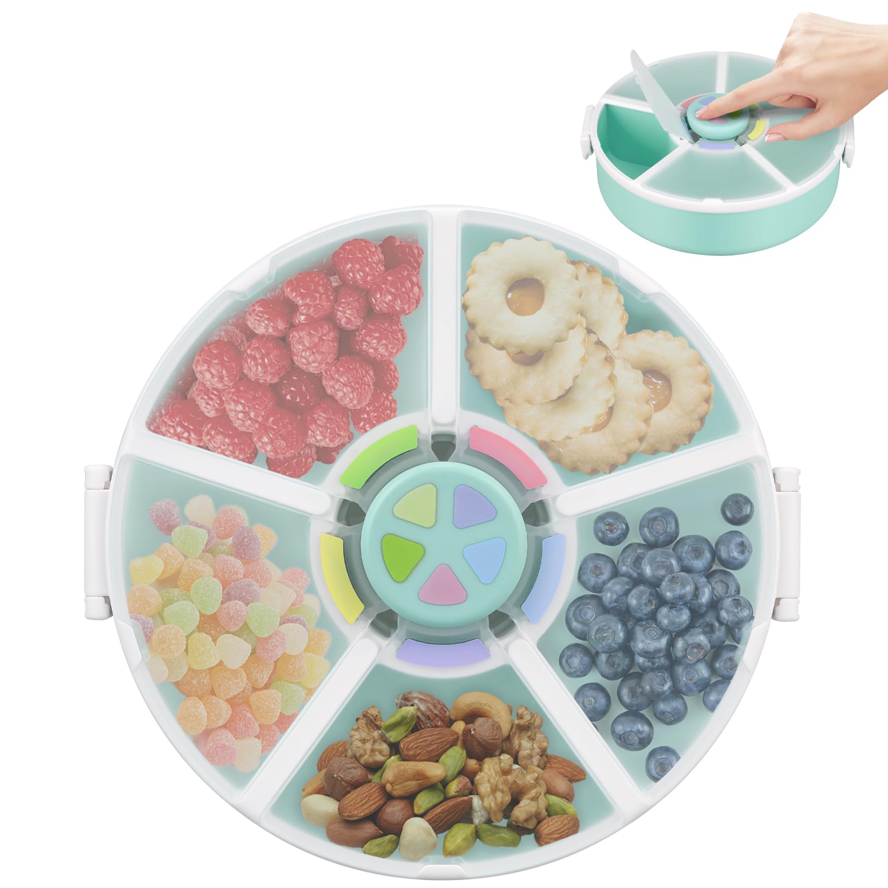 Pawtong Snack Rotator Container Reusable Snack Box with 5 Compartment Dispenser and Lid, Color Matching Opening Lid, BPA and PVC Free, for Home, School, Travel (1 Pack- Green)-image-10