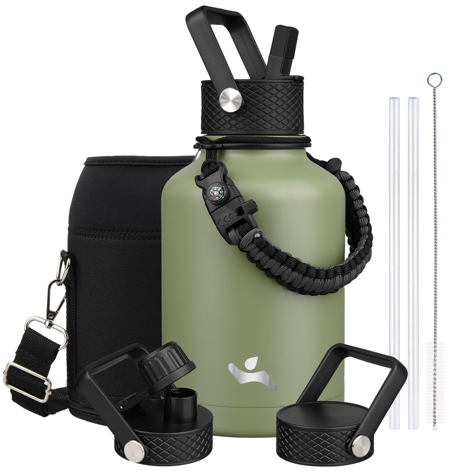 Botella de agua aislada con popote, 50 onzas, jarra de agua de 3 tapas con bolsa de transporte, asa de paracaídas, termo de metal de acero inoxidable al vacío de doble pared, verde campamento