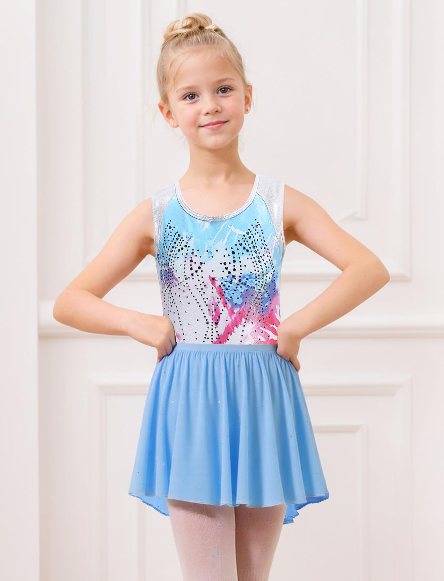 Justaucorps de gymnastique 3 pièces pour fille - Sans manches - Strass brillants - Combinaison avec jupe amovible