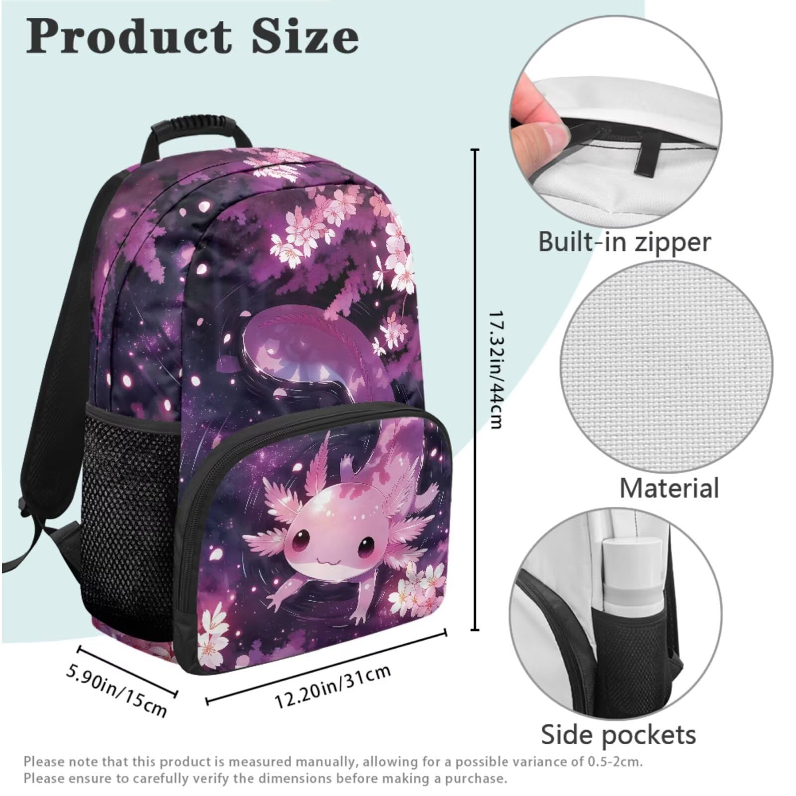 COEQINE Zaino scolastico per ragazze 6-8-10-12 con portapranzo e grande astuccio portachiavi, borsa per laptop per libri elementari, 5 pezzi, Axolotl Galassia Viola