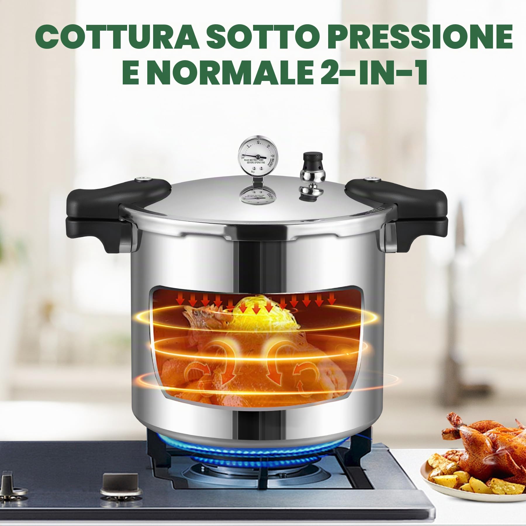 Huanyu 22L Pressure Canner con manometro e peso di pressione di 15PSI Sterilizzatore per lattine con base in lega compatibile con fornelli a induzione e a gas Pentole a pressione per l'inscatolamento