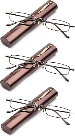 3 Packs Pocket Readers Ultra Slim Compact Reading Glasses Spring Temple w/Portable Pocket Clip Aluminum Case Brown +2.00