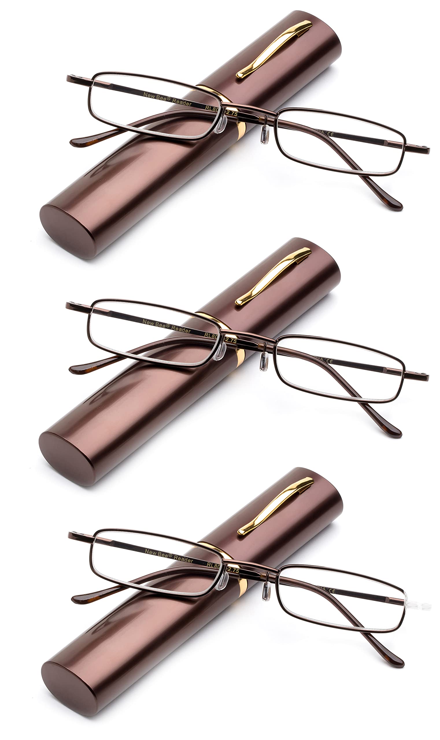 Newbee Fashion - Ultra Slim Compact Unisex Light Weight Reading Glasses w/Portable Pocket Clip Aluminum Case in Brown
