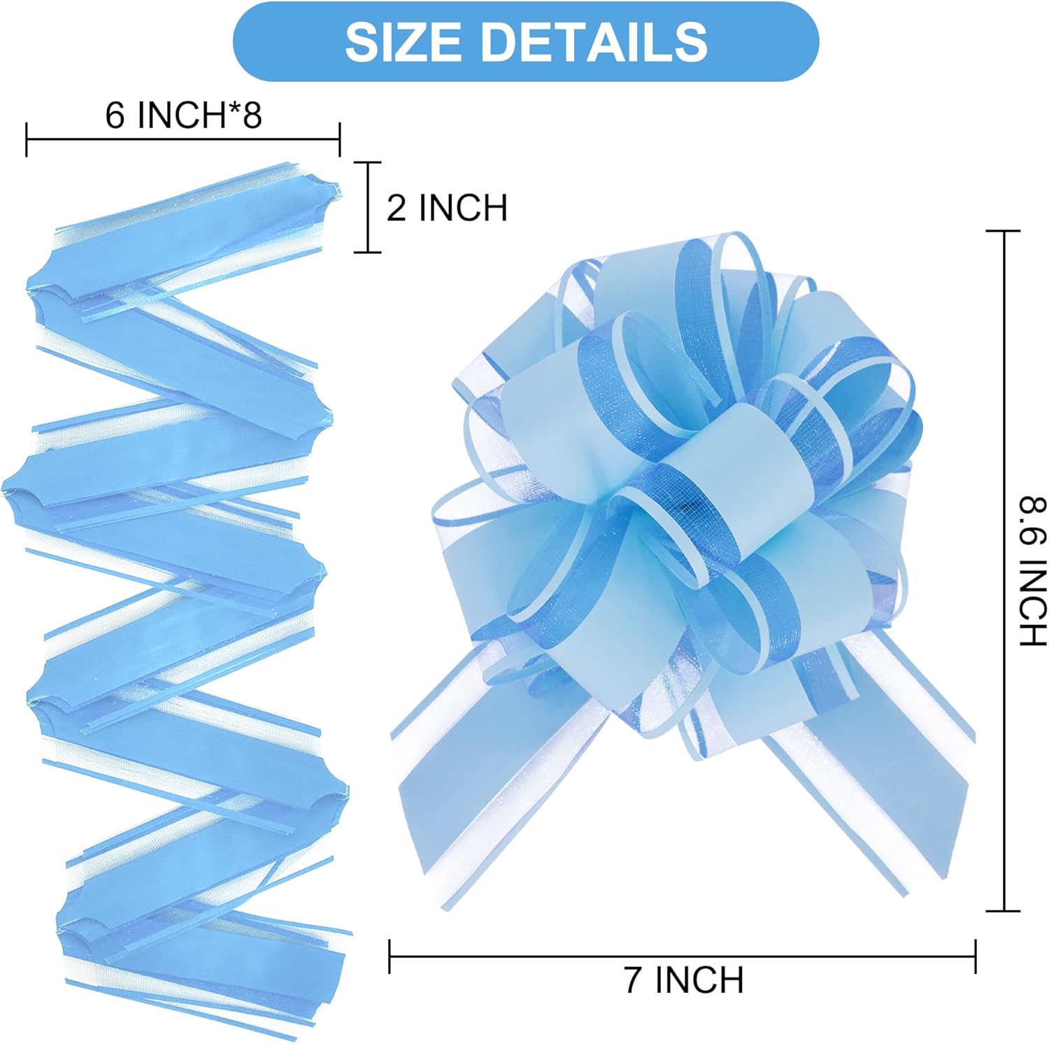 6pcs 7 Inch Pull Bows Pastel Blue Gift Wrap Bows for Gift Basket, Flower Wrapping, Christmas, Easter, Birthday, Baby Shower, Party Decorations - Image 2