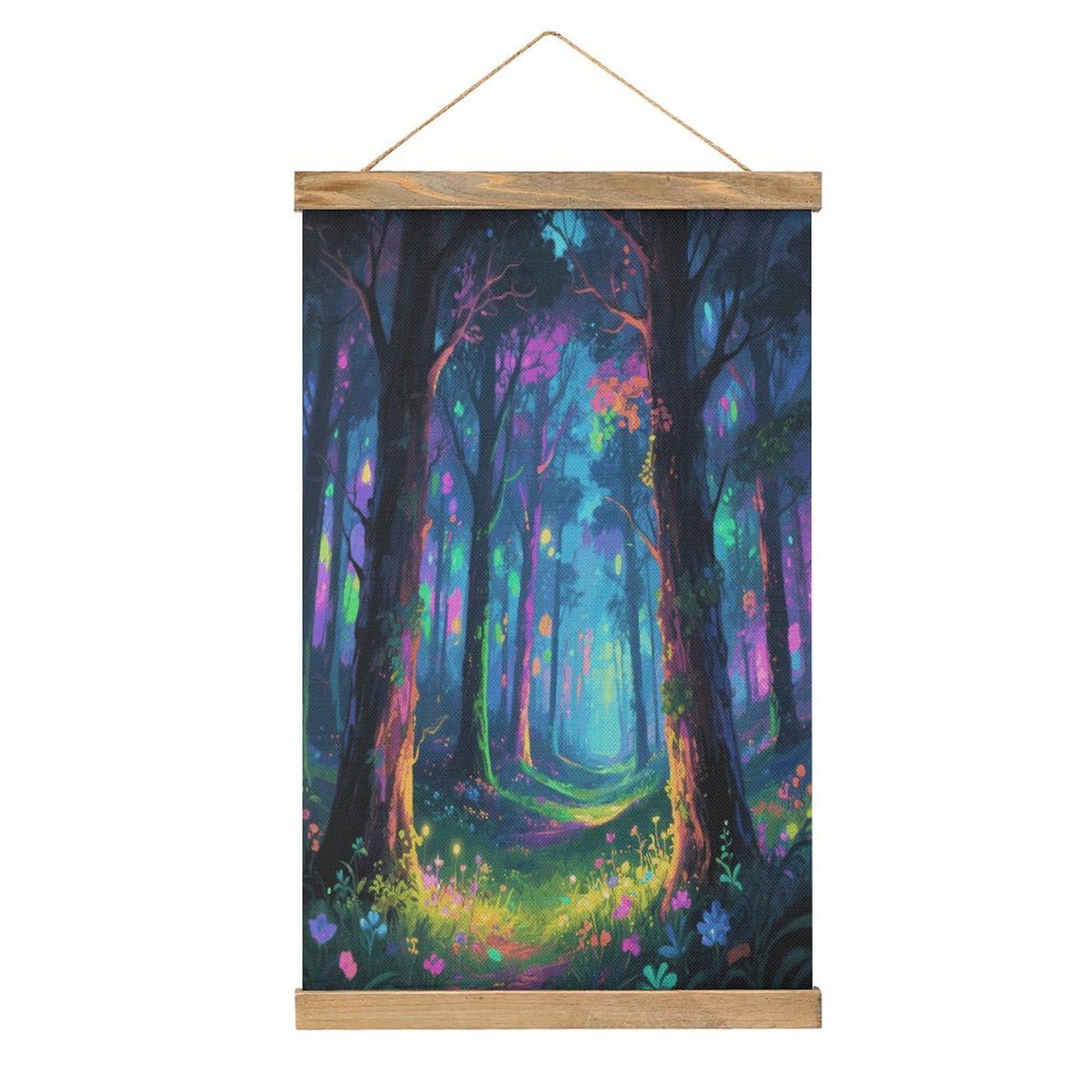 VstaDank Fluorescent Forest Hanging Poster with Wooden Frame Modern Linen Hanging Painting Retro Style Wall Decor Art Painting for Living Room,Bedroom Decor Poster Frame 20.4x13.1inch