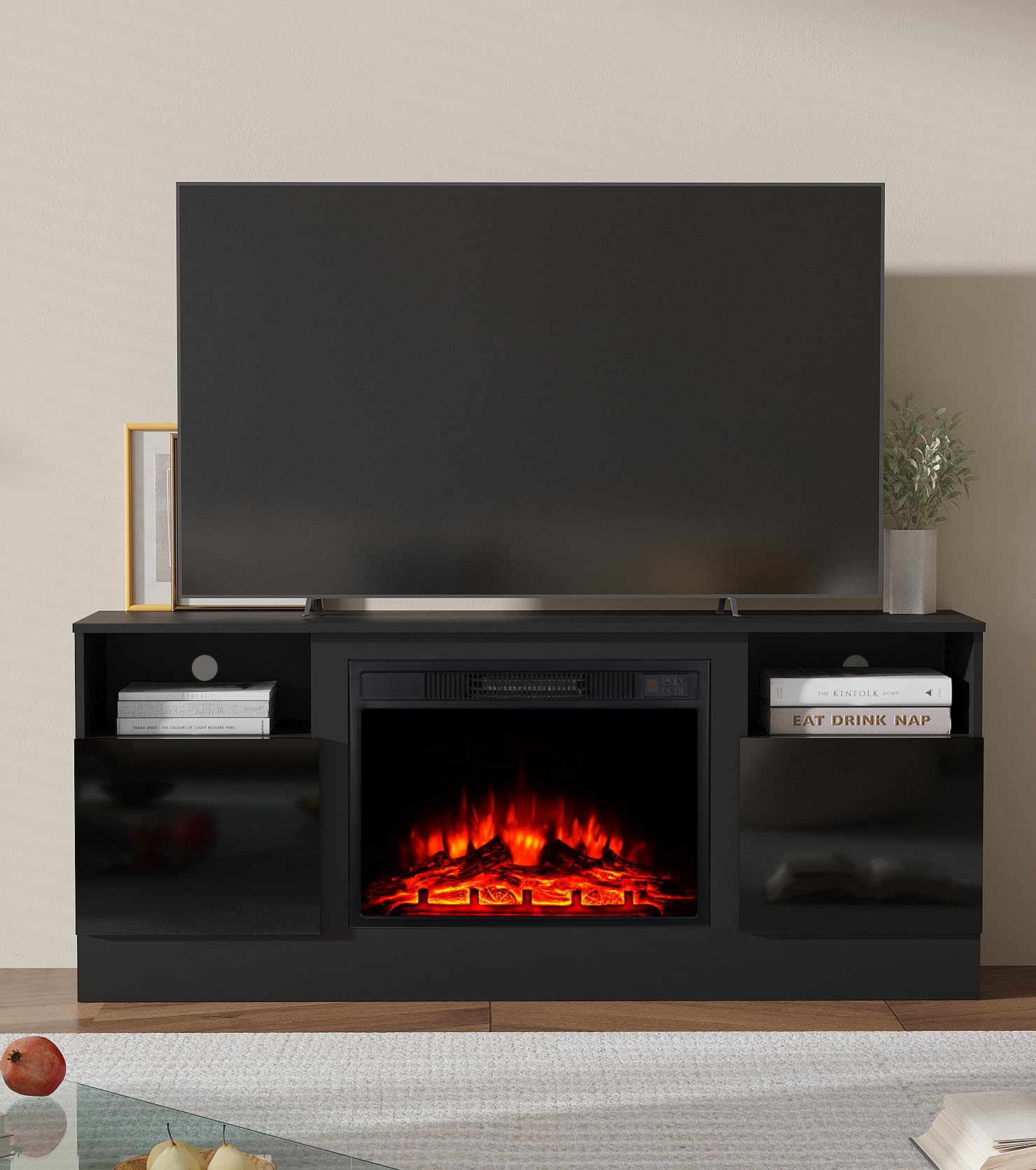 M.C.Haus Chimenea Eléctrica con Soporte de TV, para TV de hasta 143.9cm*80cm,Entretenimiento en Textura de Madera con Luz LED, Mueble de Realce y Frente de Cristal, 147.3cm,Negro