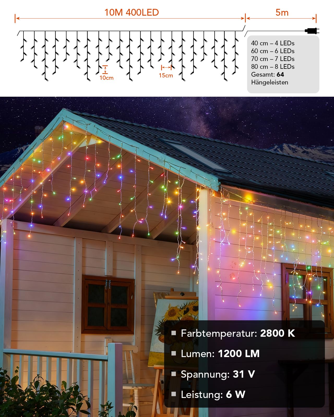 Lichterkette Eisregen Außen, 10M 400 LEDs Lichtervorhang mit Fernbedienung, Wasserfest 11 Modi für Außen und Innen, Outdoor Garten Balkon Hochzeit Party, Warmweiß & Bunt, Farbwechsel