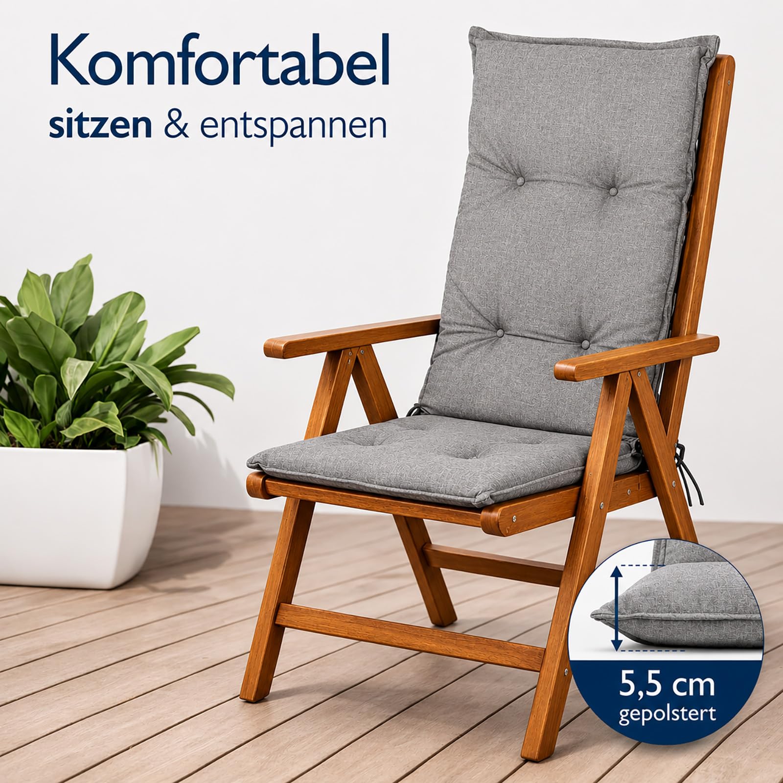 BURI 4 cojines para silla de jardín de 117 x 49 x 6 cm, resistente a la intemperie, con núcleo de espuma y vellón completo, cinta de sujeción y lazos, cómodo cojín para silla para balcón, terraza y