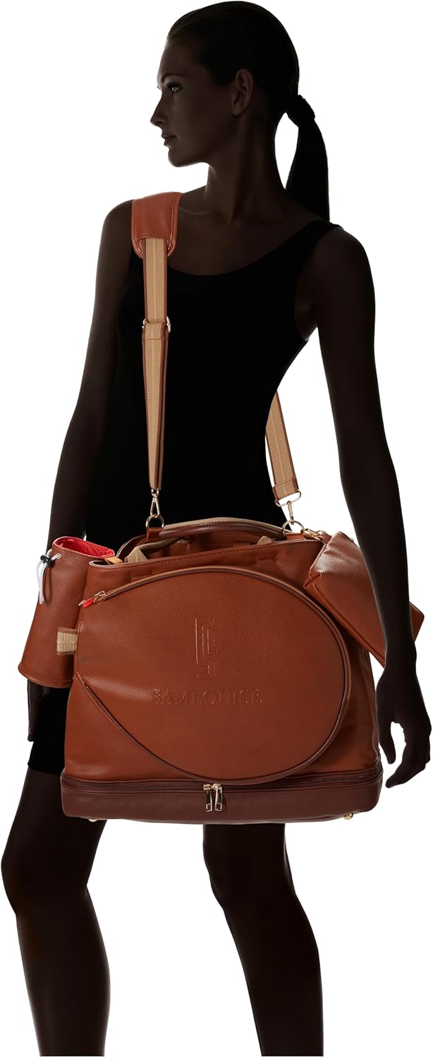 SamLouise Leather Women Large Sports Handbag Tennis Racket Shoulder Bag Tennis Tote Bag with Front Pocket for Tennis Racket
