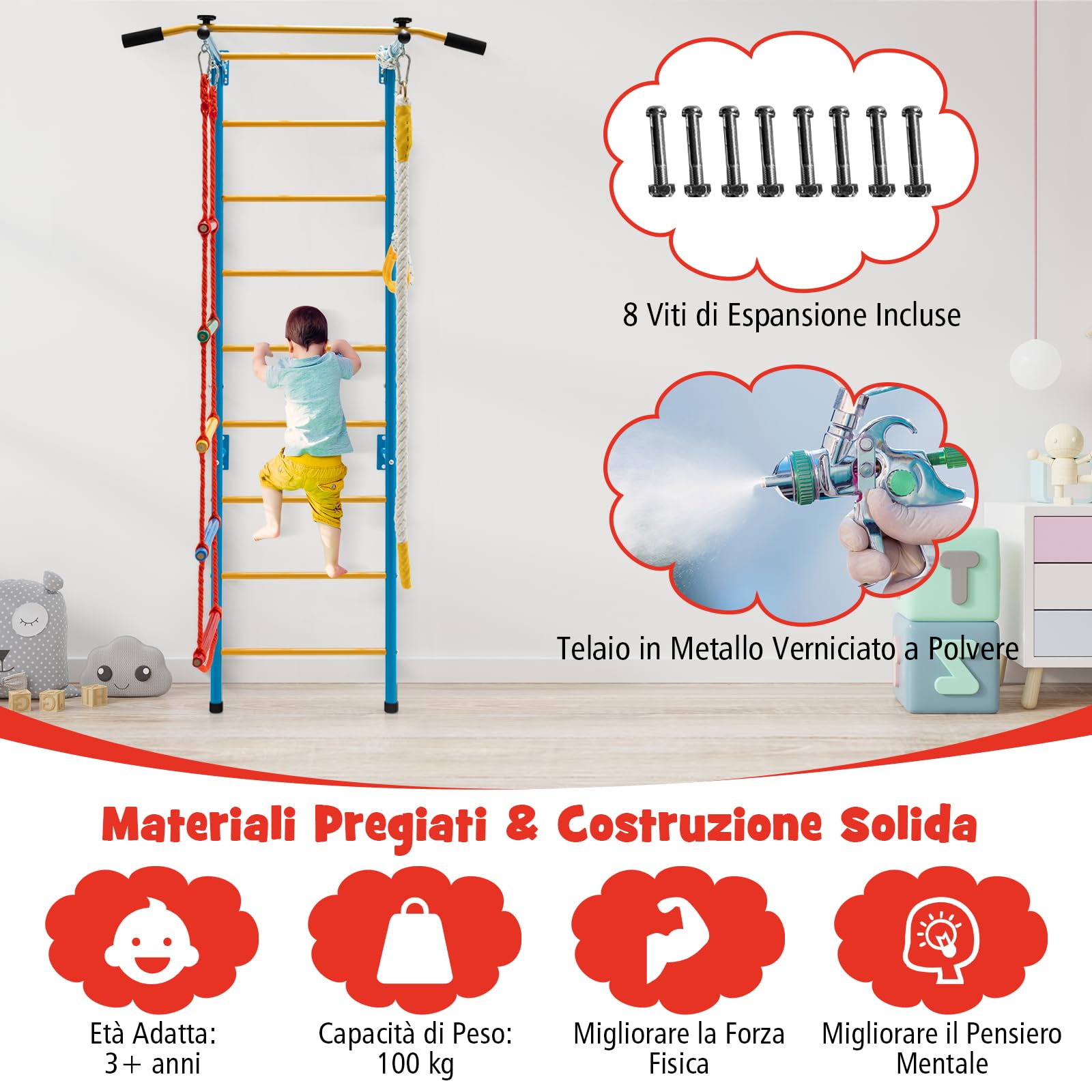 COSTWAY Set di Sbarre per Bambini, Spalliera in Acciaio da Parete per Interni, Sbarra per Trazioni, Scala a Corda, Corda e Anelli da Ginnastica per Bambini dai 3 Anni in su, 107 x 83 x 223 cm