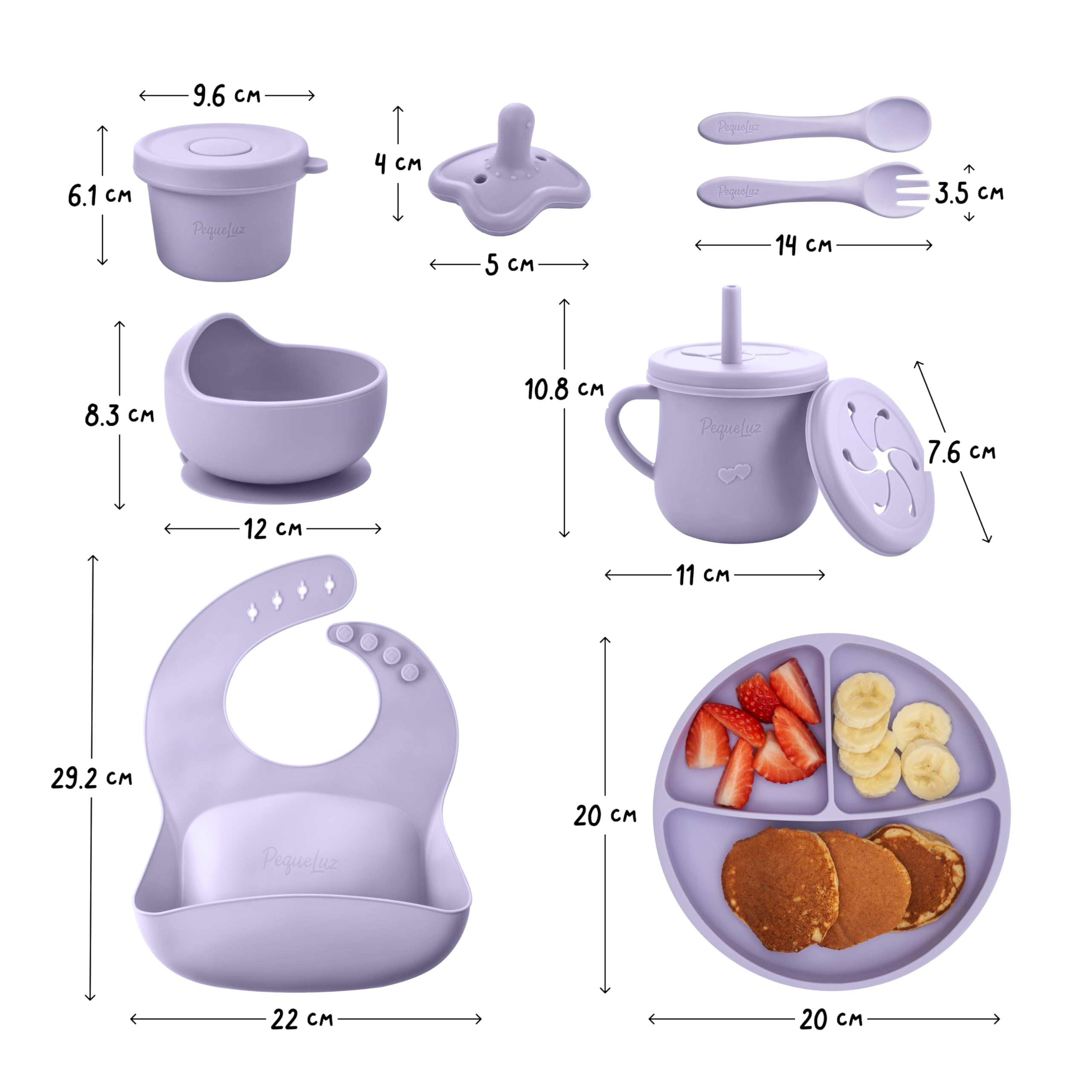 Babygeschirr Set Silikon LFGB 10-teilig BPA-frei Lila | BLW Set mit Saugnapfteller, Schüssel, Trinklernbecher, Lätzchen & Besteck