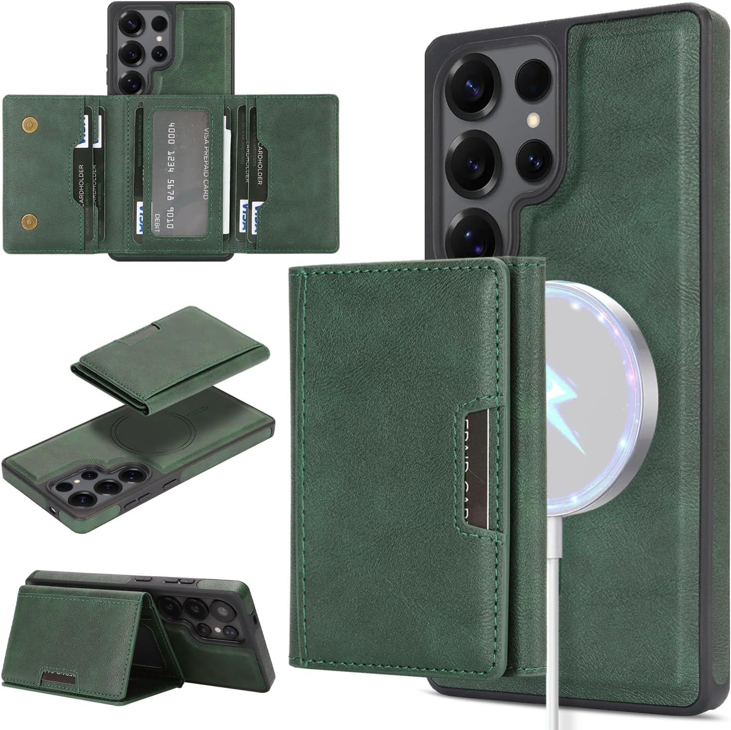 2-in-1 Protective Case for Samsung Galaxy S25 Ultra with Detachable Magnetic Wallet Card Holder Supports Magnetic Wireless Charging Made from Premium PU Leather Bracket Function (Green)