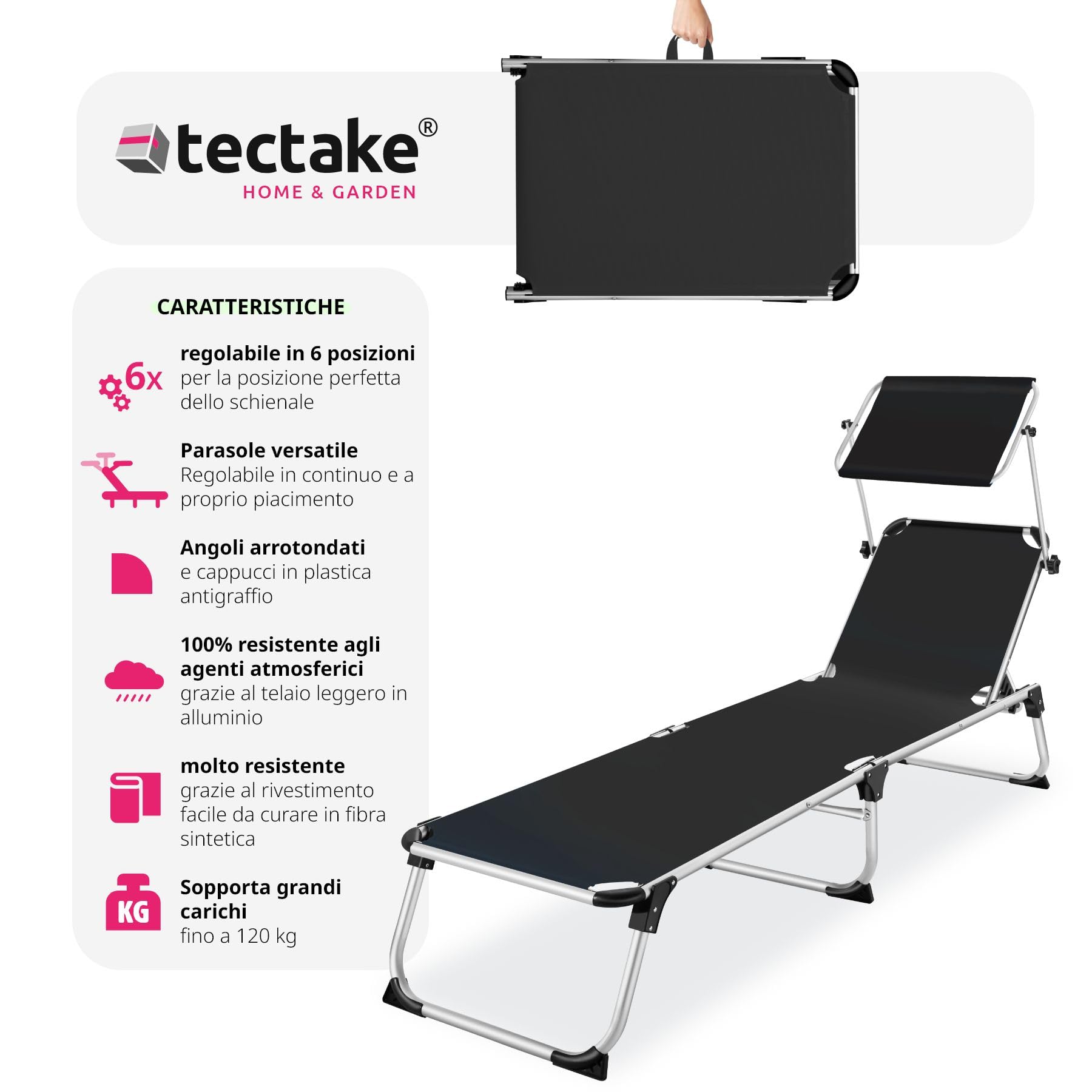 tectake® Sdraio da Spiaggia, Schienale Regolabile in 6 Posizioni, Parasole, Lettino Pieghevole e Trasportabile, Sdraio da giardino, Lettino Prendisole, Pratiche Maniglie (Nero)