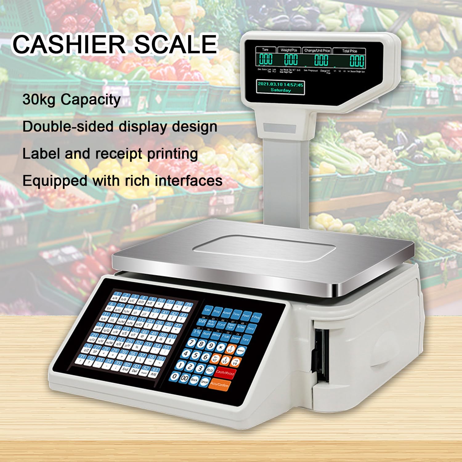 Bilancia elettronica di calcolo dei prezzi con stampante termica per etichette e display a palo per negozi di alimenti e carne al dettaglio, include macchina e scanner