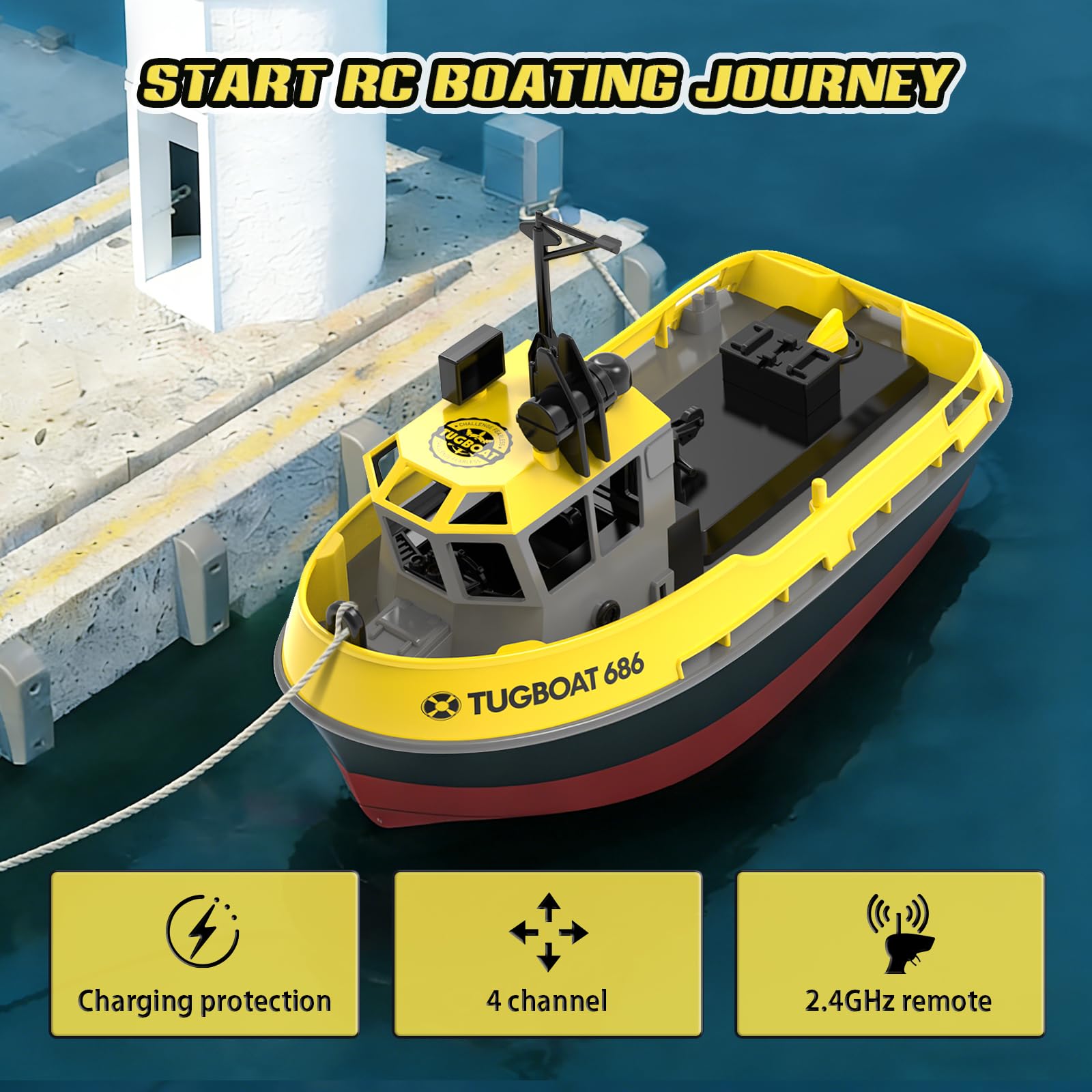 Barco de Control Remoto Barco Teledirigido para Niños Remolcador teledirigido 1:72 Impermeable 2.4GHz Dos Pilas Recargables 40 Minutos de Juego Juguete Regalo Ideal para niños (Naranja)