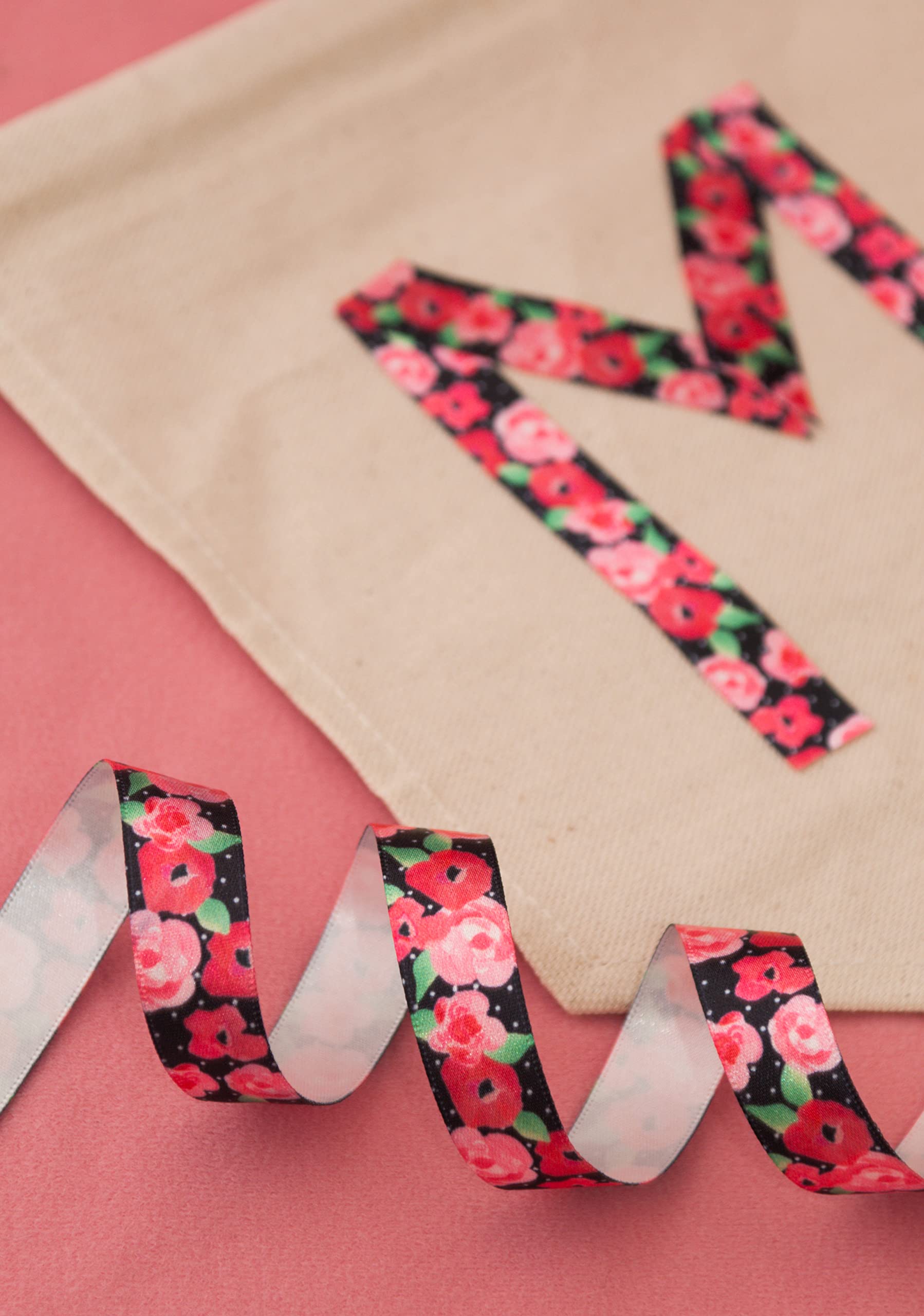 Berisfords Satin Patterned Ribbon ‘Fleur’ Multicolour on Lilac 25mm Wide 20m Reel, Lilac/Multi, 25mm x 20m - Image 4