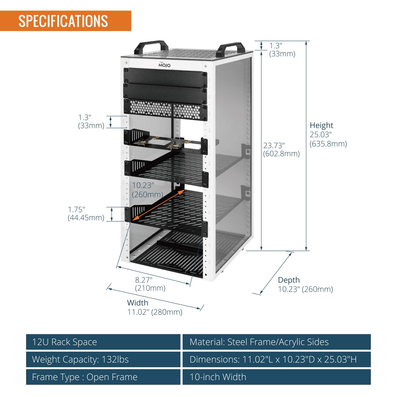 Tecmojo Rack di rete 12U, mini server rack con 2 pannelli traslucidi laterali e 2 maniglie superiori, profondità 26 cm, per apparecchiature IT e dispositivi A/V da 10", bianco