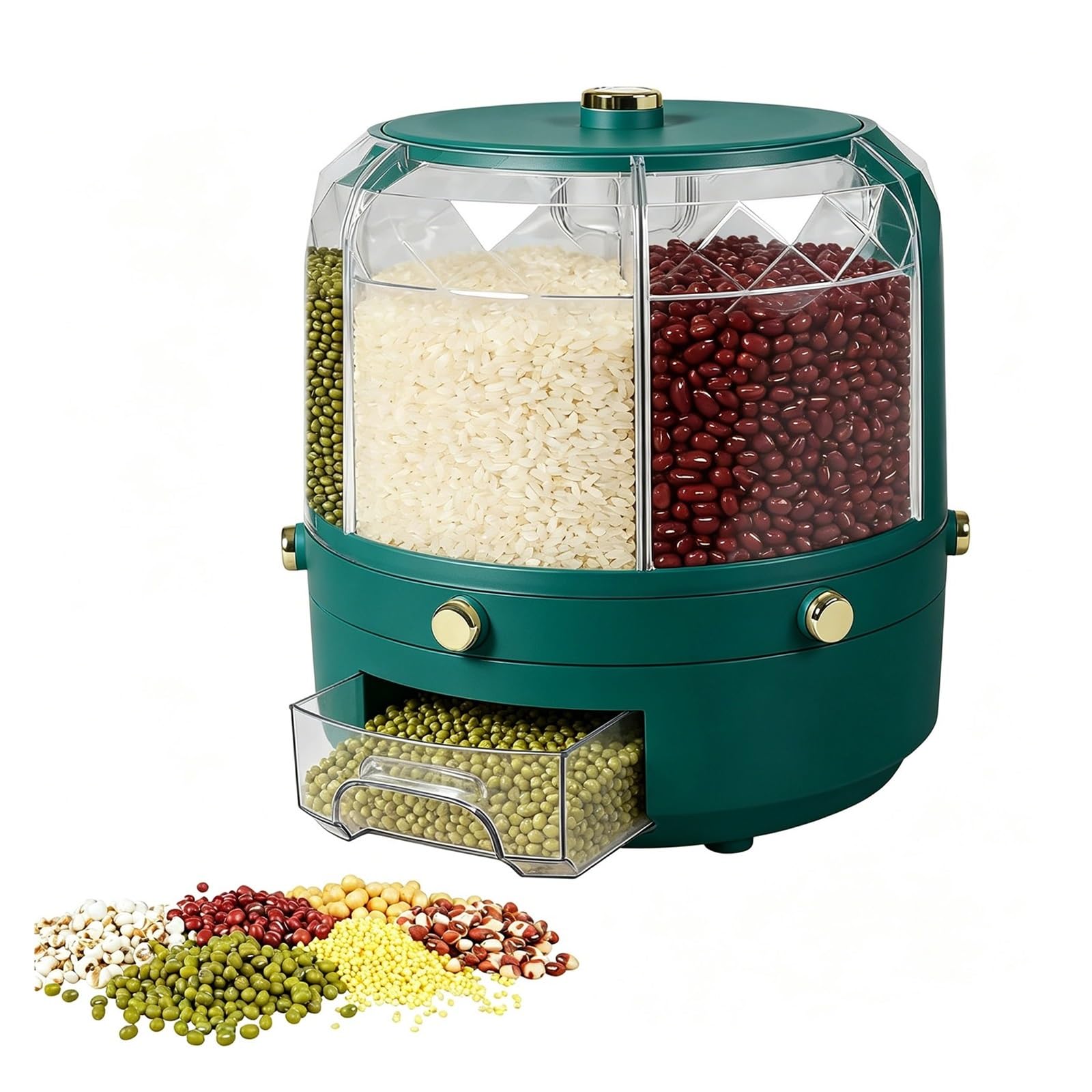 CAIFUGUIHE Rice Food Grain Dispenser, 6 Grids Rice & Grain Storage Container 360° Rotatable Grain Dispenser One-Button Pressing Storage Bucket for Grains Snacks Coffee Beans Pet Food Dispenser(Green)