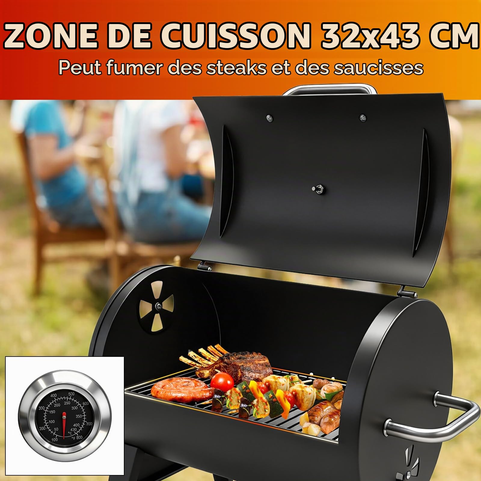Barbecue de table avec couvercle, surface 32x43 cm | Thermomètre intégré, Pour le fumetage, Grillage en 2 parties