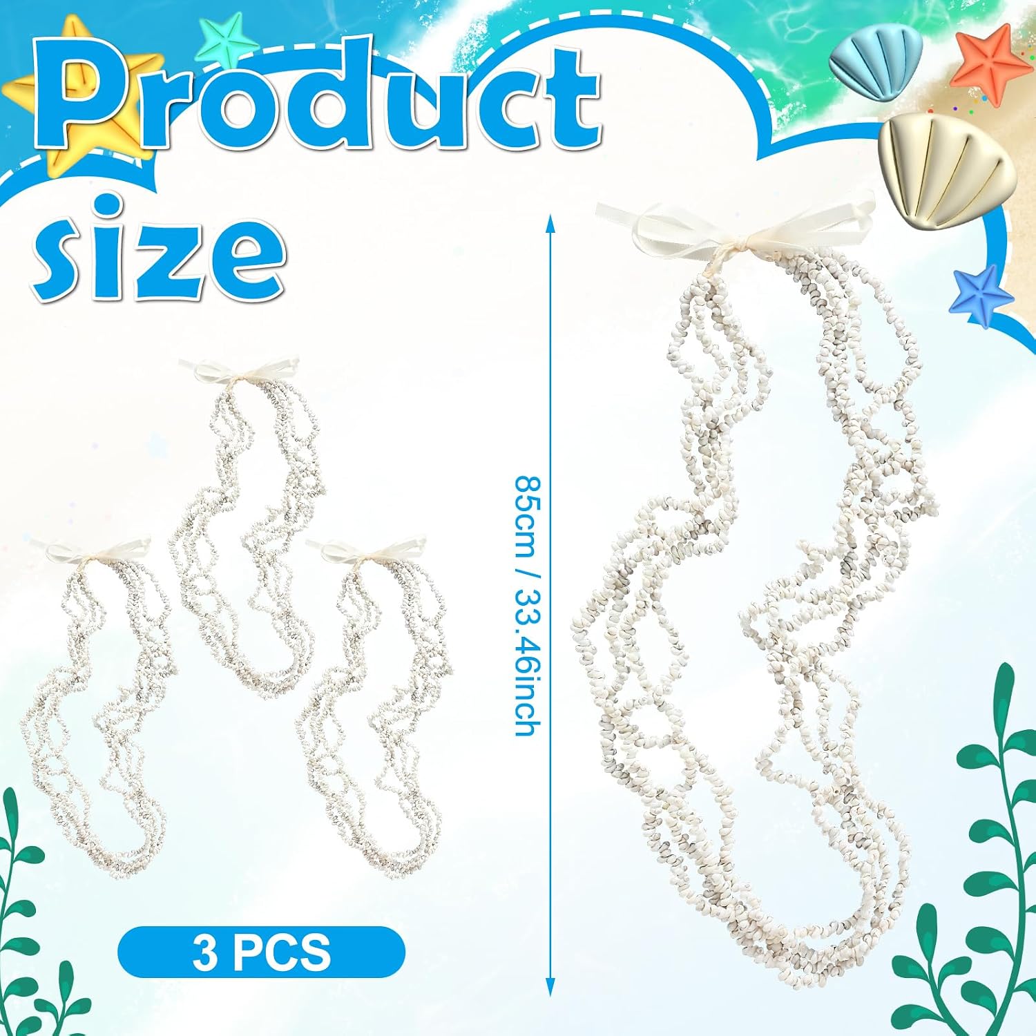 Tondiamo 3 Pcs Hawaiian Shell Lei Necklace with Bow for Women Luau Party image 2