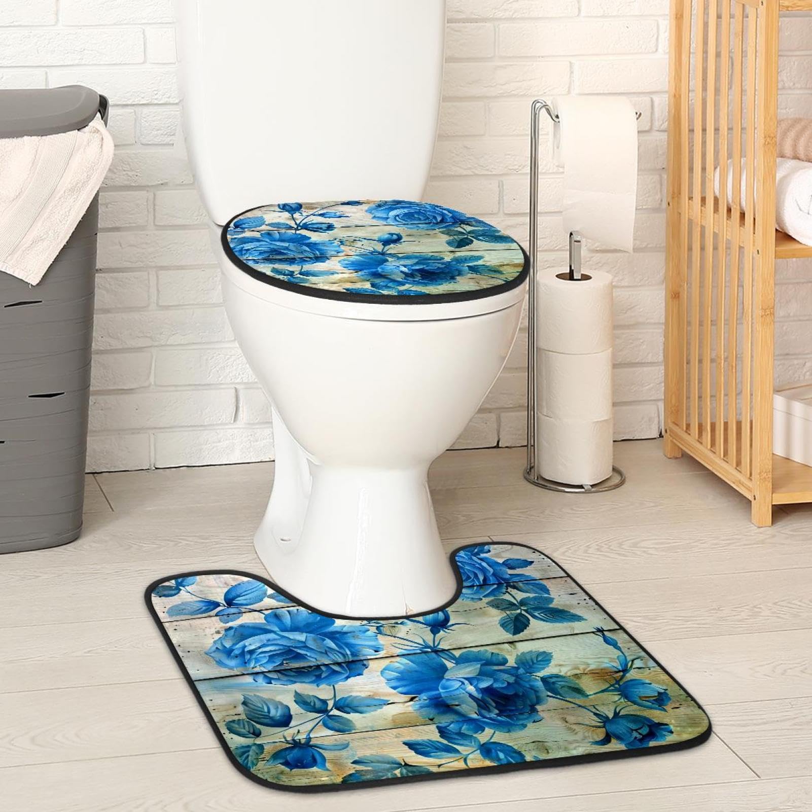 MUOOUM Toilet Lid Cover and U-Shaped Toilet Floor Mat Set of 2 Pieces, Blue Rose Rustic Wood Pattern Toilet Mat Set, Machine Washable Seat Covers Non-Slip Absorbent Rugs