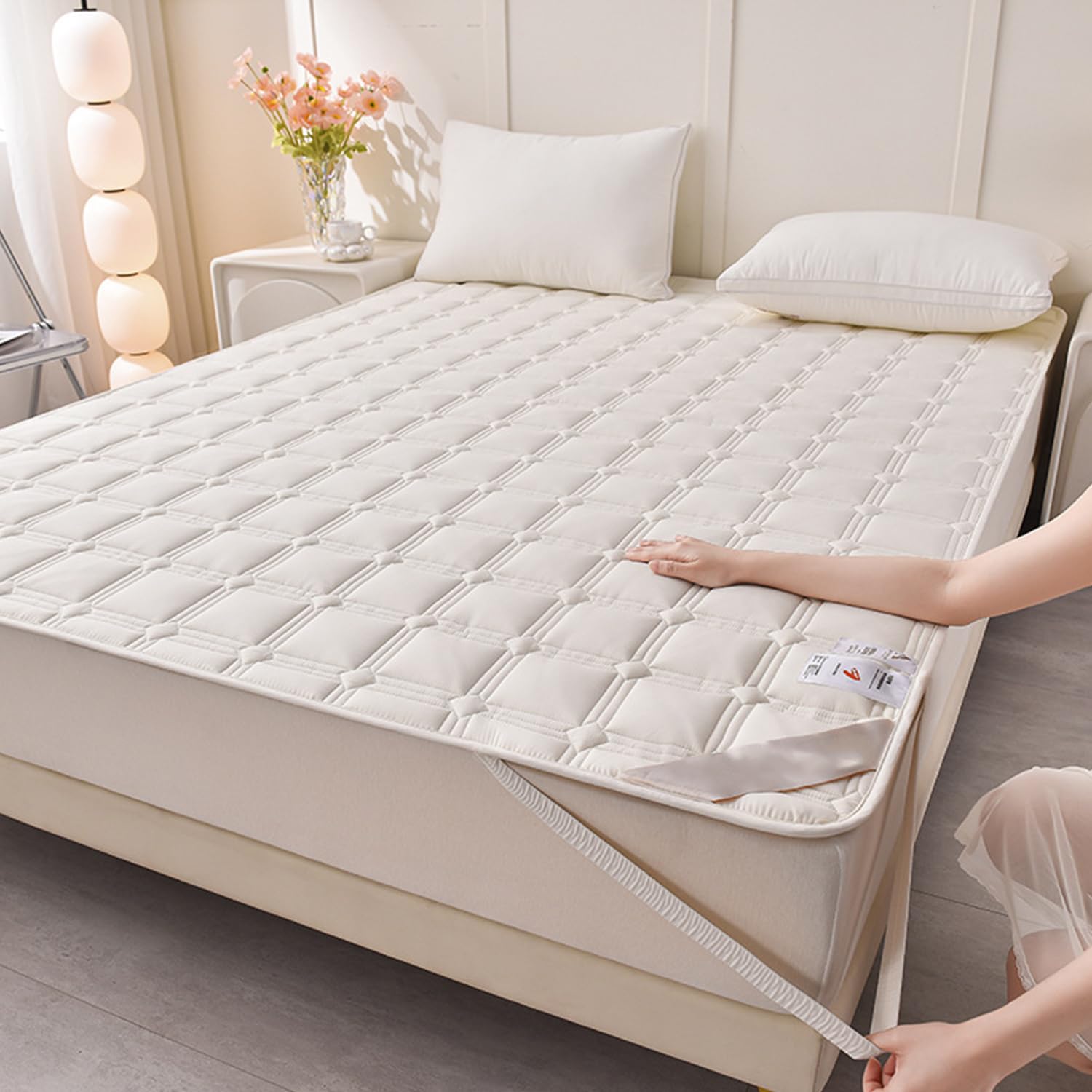 LDLCYCN ,beige,150 * 200cm/QUEEN, Mattress Protector Cover with 4 Corner Elastic Band Thin Mattress Pad Cover