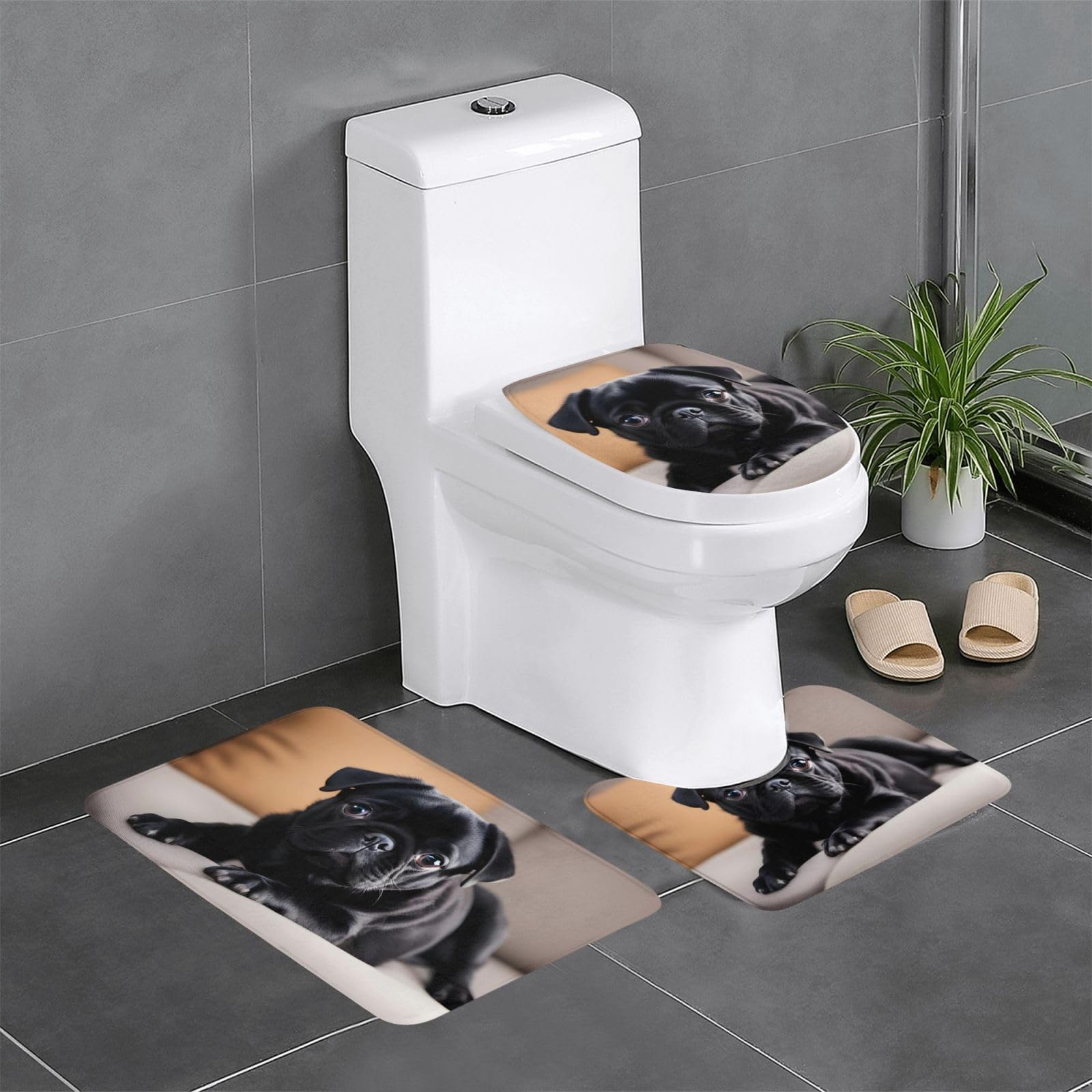 Tapis de salle de bain carlin noir antidérapant | Ensemble 3 pièces wc et coiffeuse doux