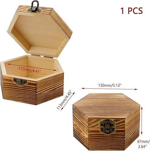 Miniatura 2 de KUMGROT Caja de madera hexagonal hecha a mano con tapa con bisagras y cubierta giratoria, caja de almacenamiento de madera de recuerdo vintage para