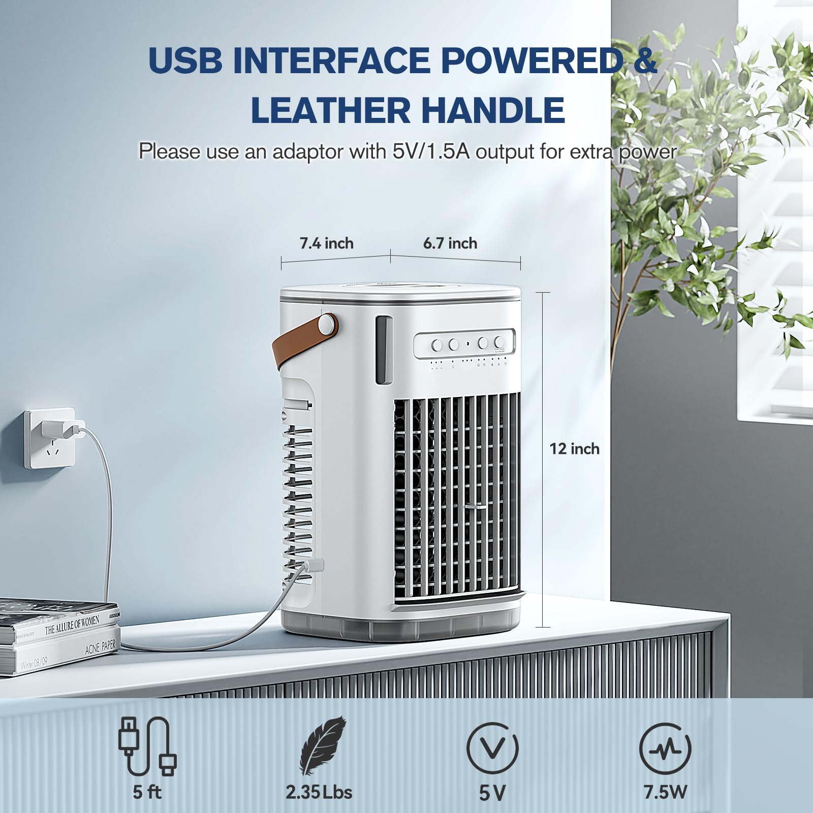 Mini aire acondicionado, aire acondicionado portátil con control remoto, carga USB, tanque de agua de 1.2L y 2 cajas de hielo, temporizador de apagado automático, enfriador de aire evaporativo con 3 6
