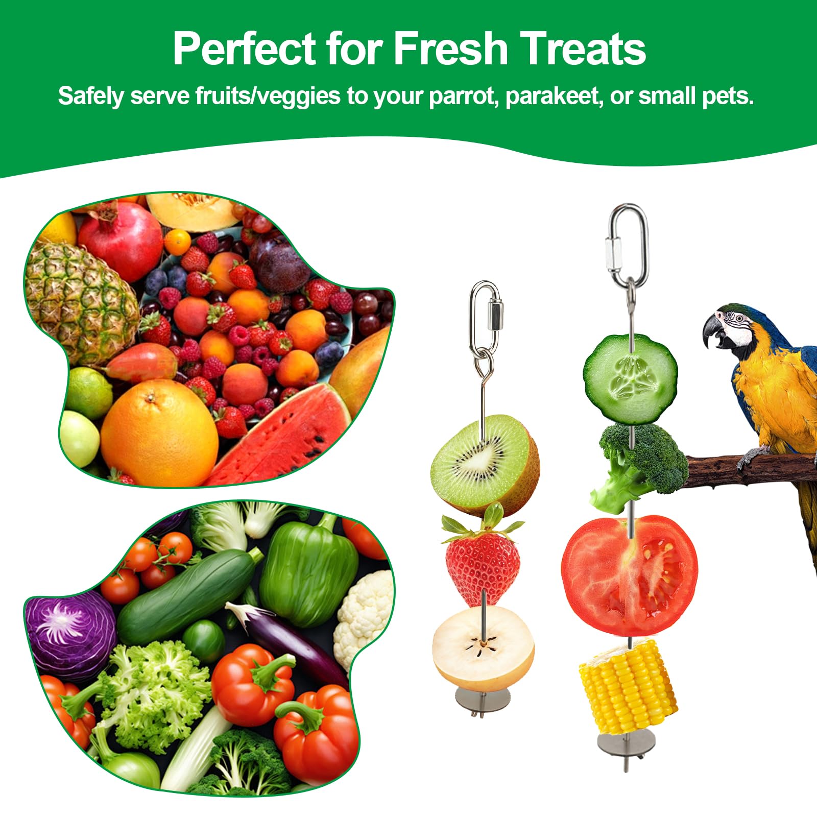 3 Pcs Bird Cage Food Holder Stainless Steel Parrot Fruit & Vegetable Skewer Hanging Foraging Toy for Parakeets, Budgies, Macaws