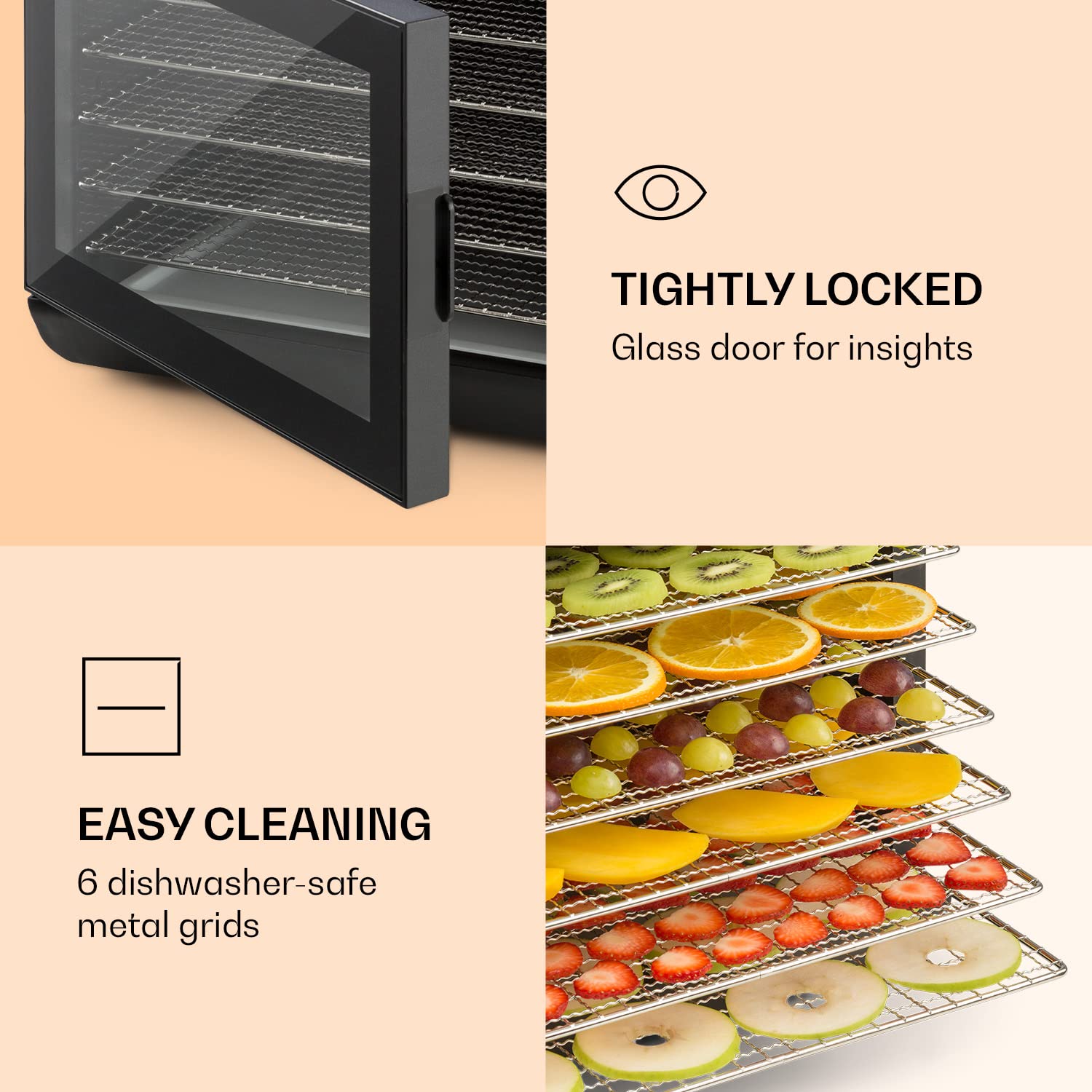 Klarstein Arizona Jerky - Deshidratadora de alimentos, Potencia 500 W, Temperatura regulable 35-70°C, 6 baldas lavables en lavavajillas, Períodos cortos de secado, Pantalla táctil digital, Antracita