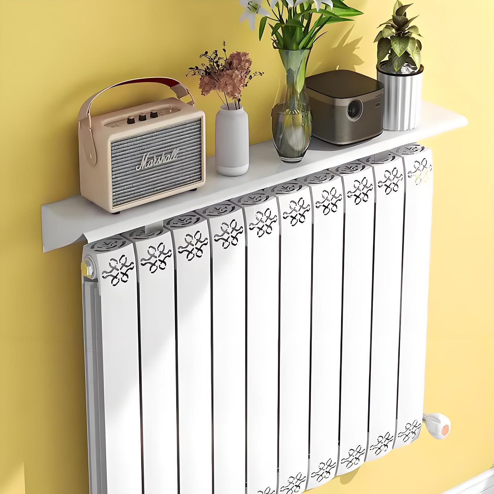 Heizungsregal Ohne Bohren - Weißes Heizkörperregal aus Aluminiumlegierung, 20kg Tragkraft, Schutz der Wände(Size:50cm)