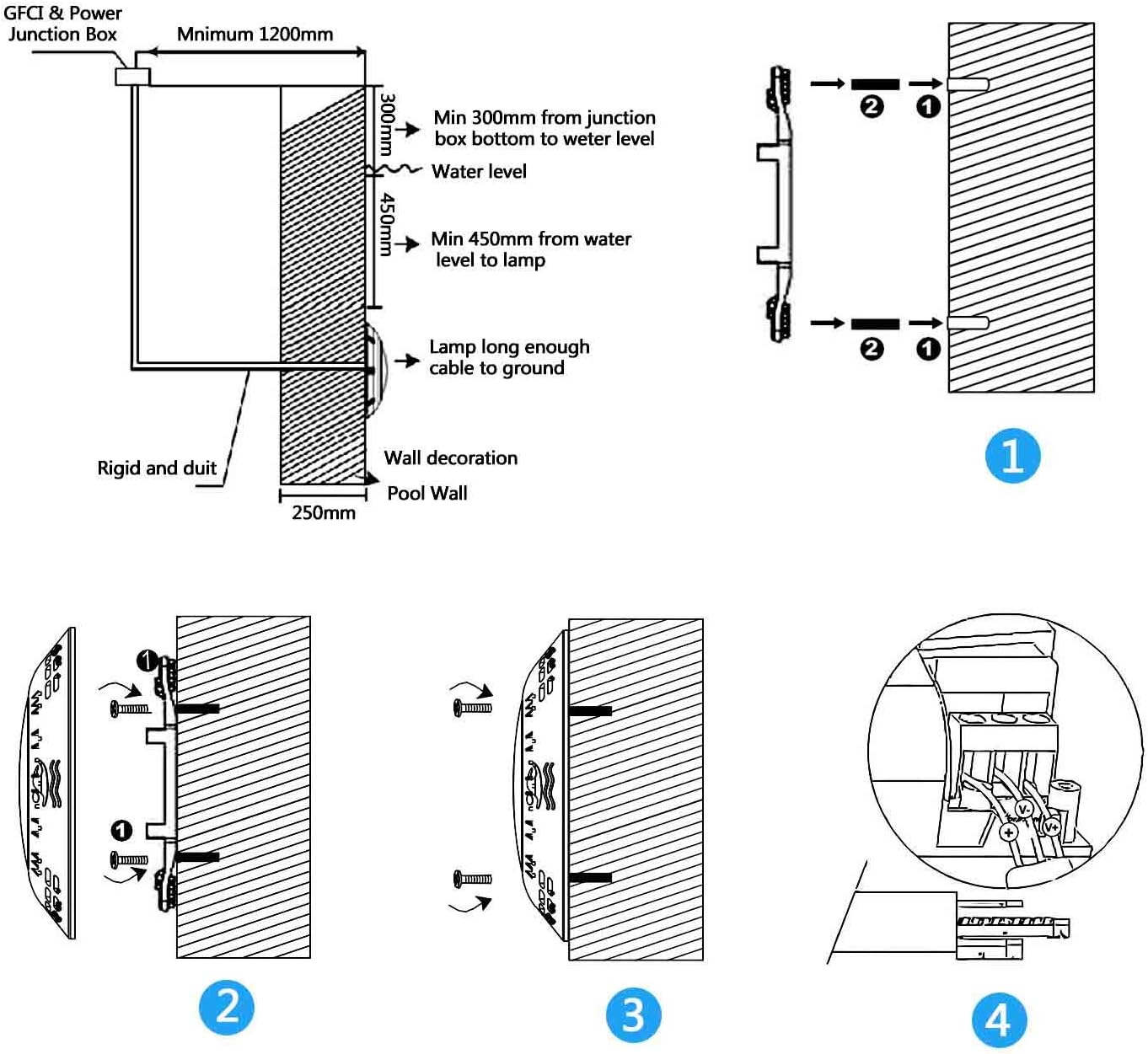 Step-by-step diagram illustrating the installation process of the pool light onto a wall mount.