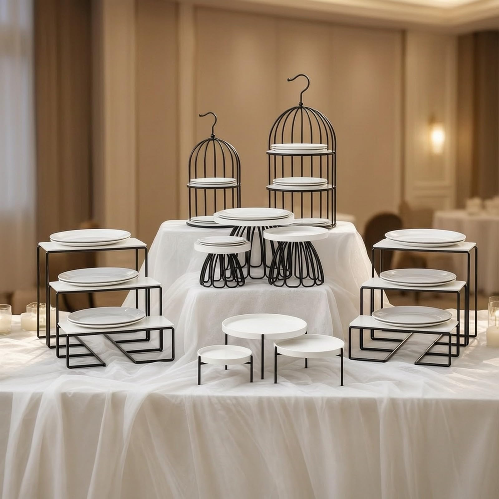 14 Piezas Exhibidor Cerámica con Estructura Metálica corativo Exhibidor Postres Escalonado con Base Curva para Bodas, Fiestas