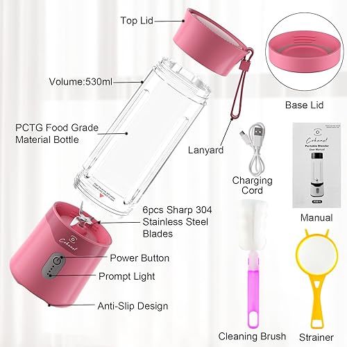 Miniatura 4 de COKUNST Licuadora portátil de 18 onzas, licuadora de tamaño personal recargable por USB, licuadora de batidos con 6 cuchillas para proteínas y