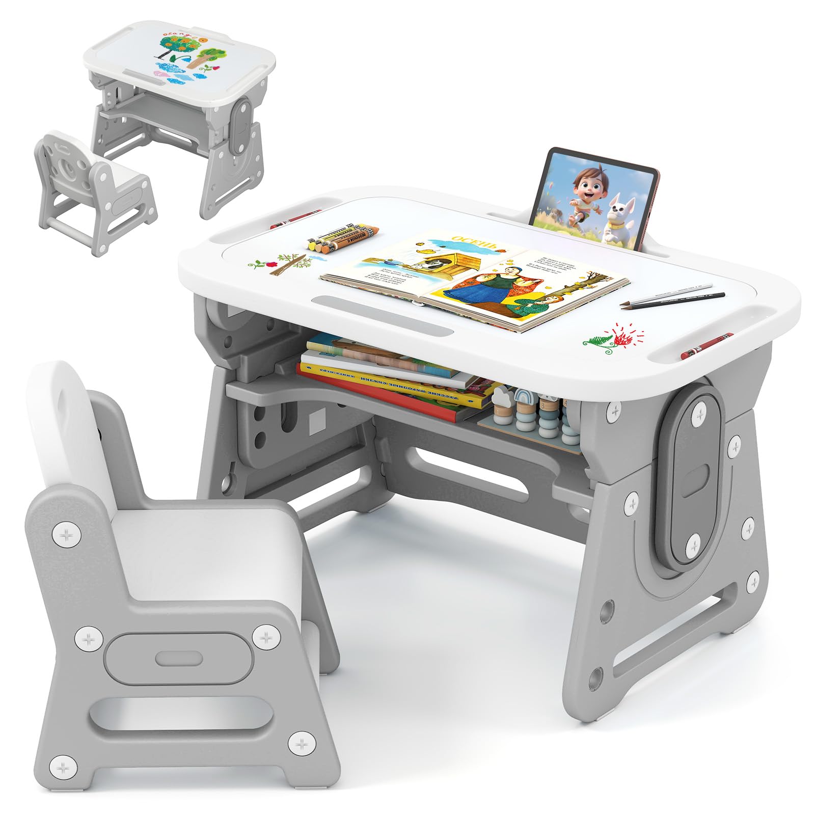 FANTASK Tavolo per bambini con sedia, regolabile in altezza, con piano inclinabile, tavolo per bambini con sedia e spazio di archiviazione, set con accessori per ragazzi e ragazze dai 3 anni, grigio