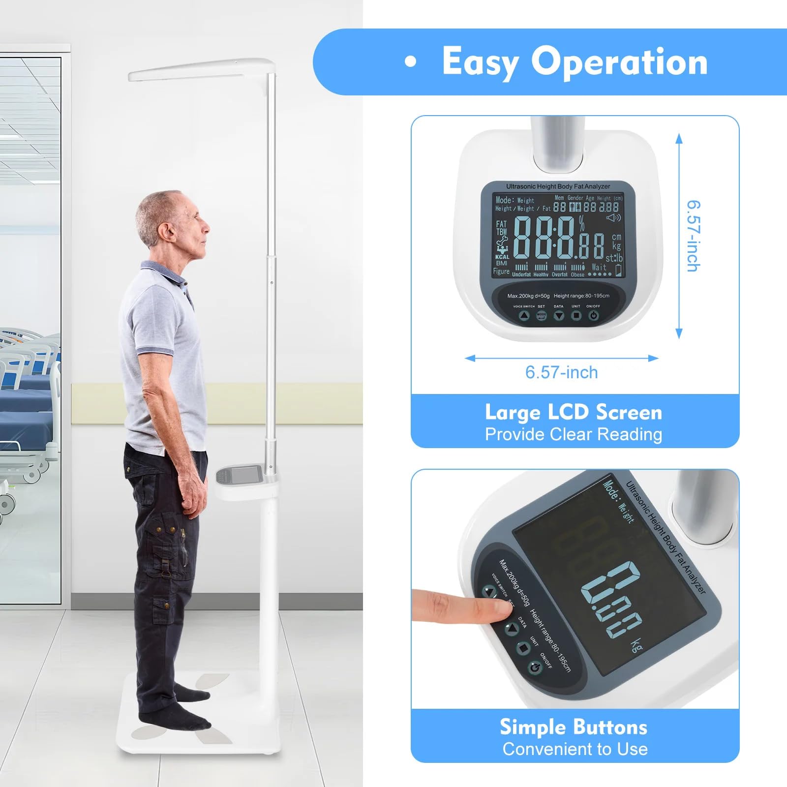 Bilancia Digitale per l'analisi del Grasso corporeo - Misurazione dell'altezza a ultrasuoni con capacità di 440 libbre con Display LCD, Bilancia da Bagno Intelligente per Peso e BMI