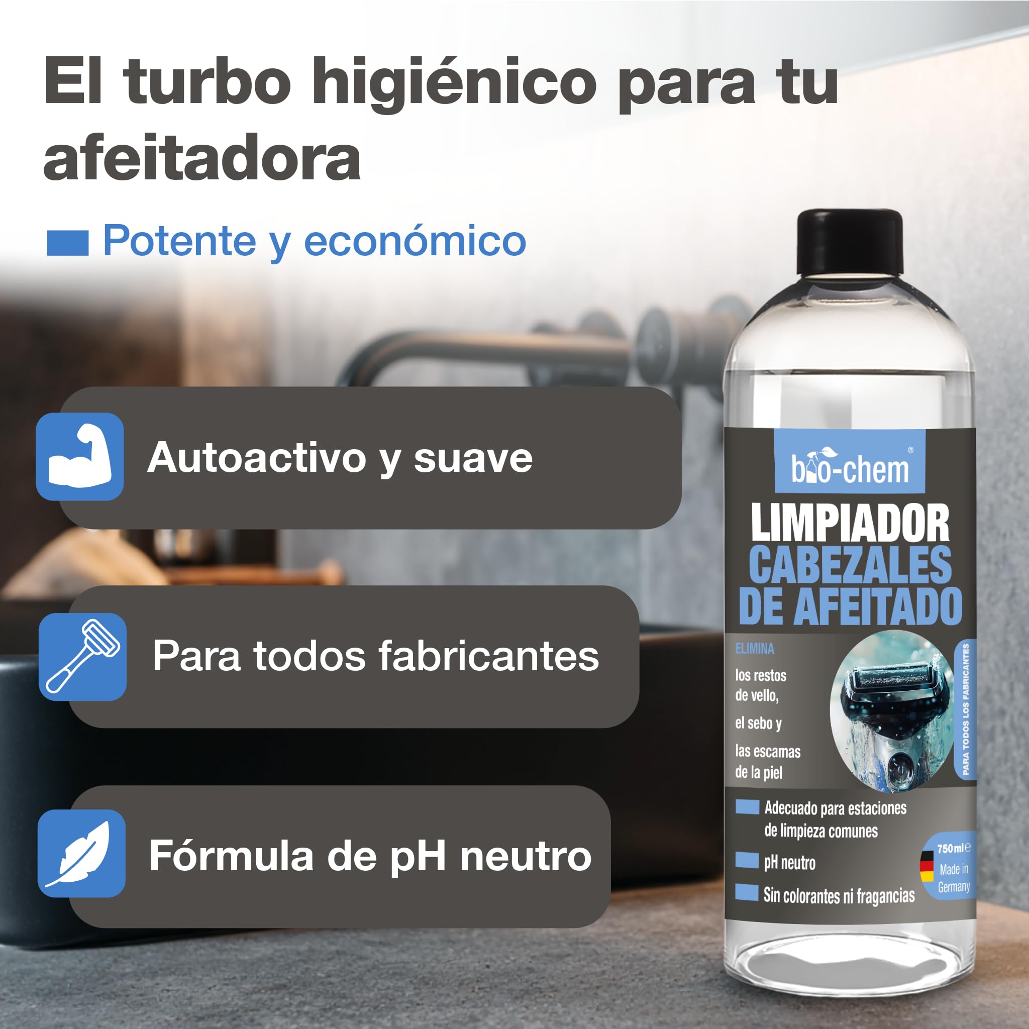 bio-chem Limpiador para cabezales de afeitado 3x 750 ml | Limpiador para cabezales de afeitado para hombres y mujeres - Apto para todas las marcas - Limpieza cabezales de afeitado