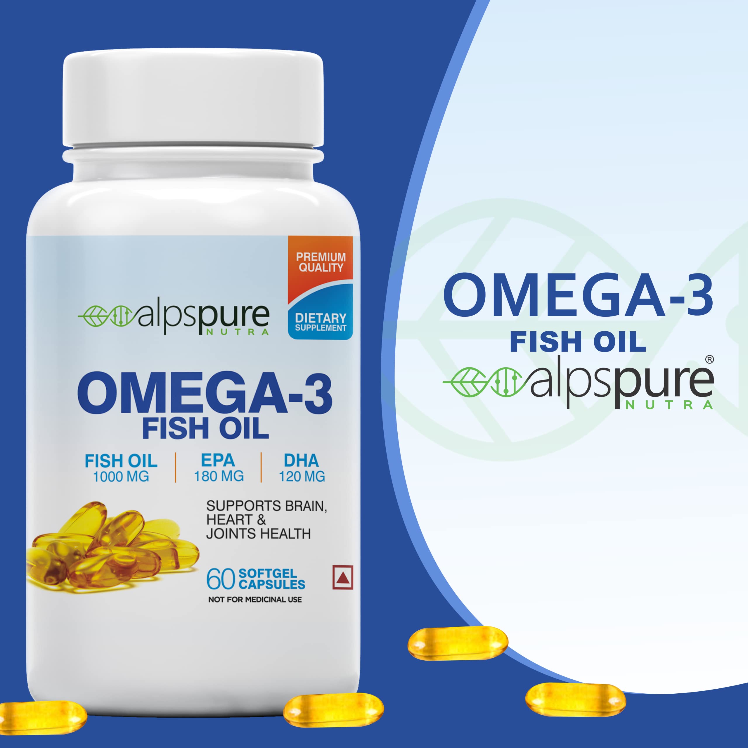 Alpspure Nutra Omega 3 Fish Oil 1000 Mg Fatty Acid Capsules || 60 Softgels | 180Mg EPA & 120Mg DHA | Supports Healthy Heart, Joints, Skin, Brain & Eyes | For Men & Women | Omega3 fatty acids - Image 2 thumbnail