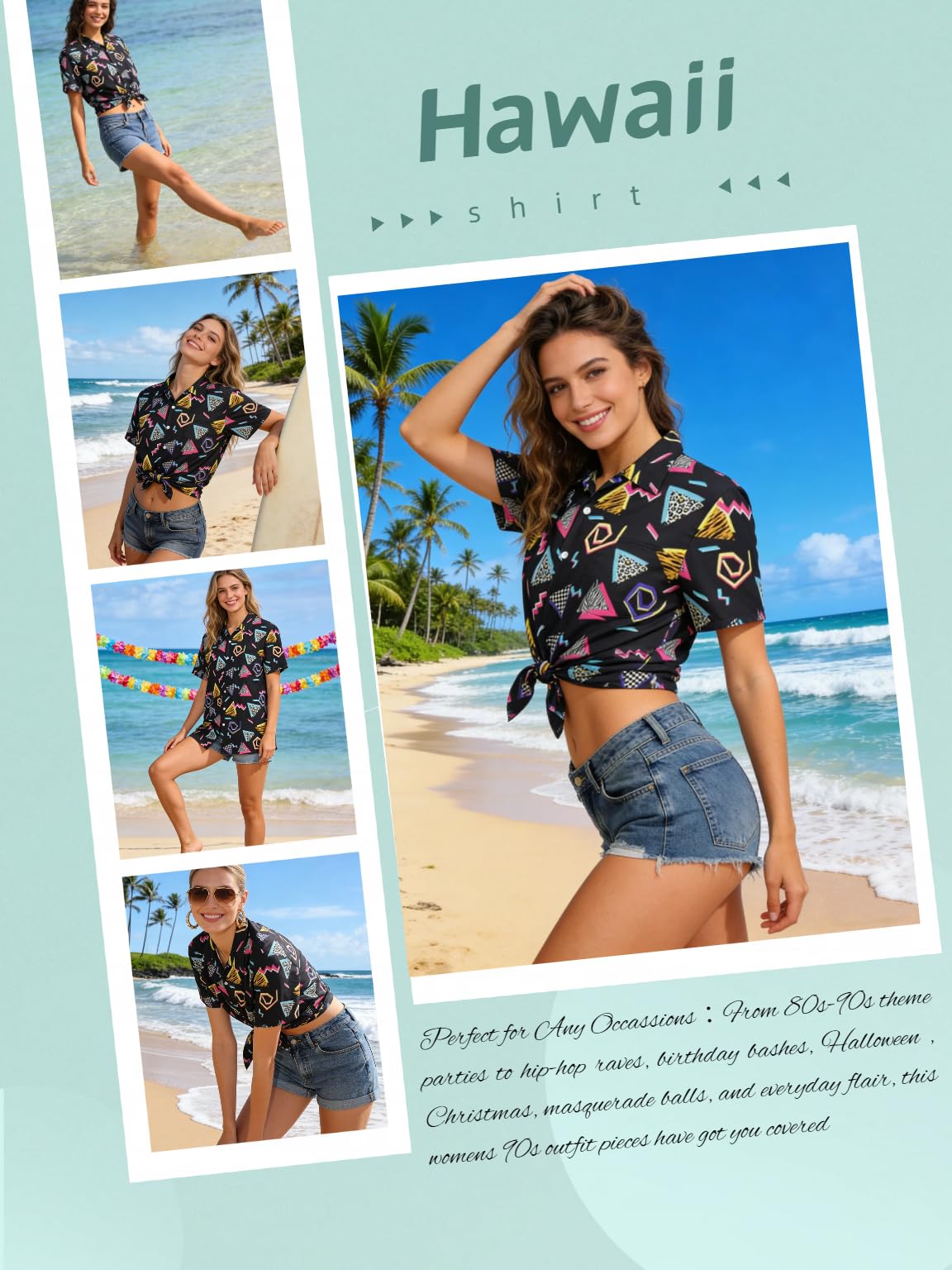 Verceco Trajes de los años 80 para mujer, disfraz de hip hop de los años 90 para adultos con camisa estampada de fiesta temática de los años 90 y juegos de accesorios retro de 7 piezas