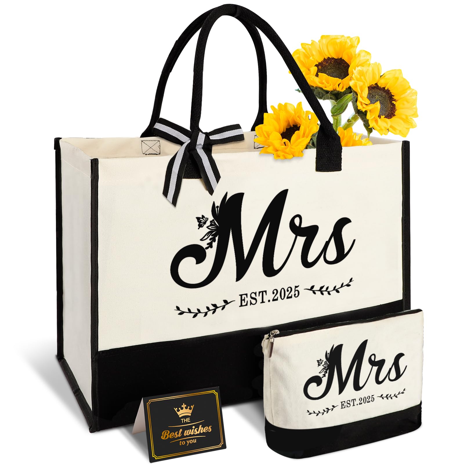 "Mrs 2025" Bride Canvas Tote Bag Set With Makeup Bag - Bridal Shower Gift For Wedding & Engagement