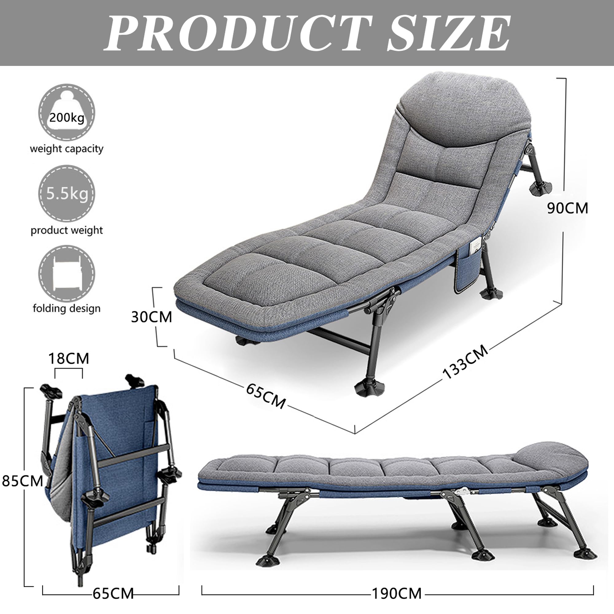 Brandina da Campeggio, Lettino da Campeggio per Adulti - Portatile Letto da Camping Leggero Pieghevole, Sdraio da Giardino per Esterno Terrazzo, 190x65x30cm, Caricabile Fino a 160 kg, Grigio