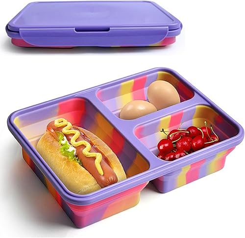 Caja Bento plegable para adultos, niños, 3 compartimentos, hogar, oficina, escuela, trabajo, comidas para llevar, almuerzo, aperitivos, portátil,